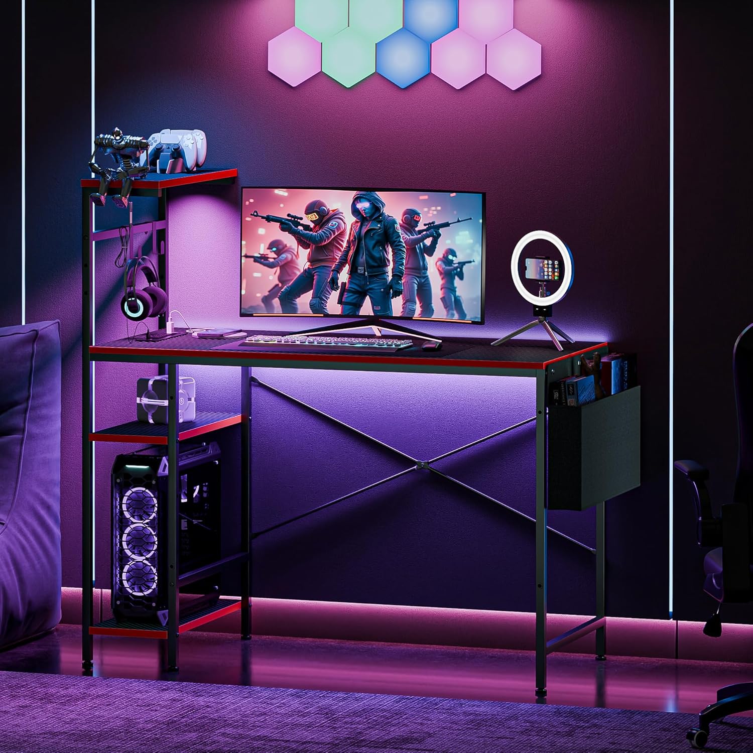 Computer Desk, 44 Inch Electric Standing Desk, Led Gaming Table with Power Outlets, Hooks and Storage Bag, 4 Tiers Reversible Shelve, Writing Work Study for Student Teacher, Office Home