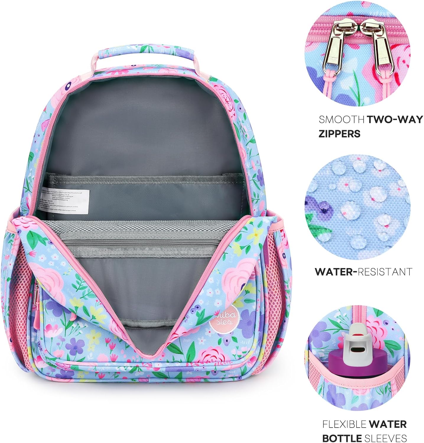 mibasies Kids Backpack for Girls: Girls Backpack 5-8 - Kindergarten Elementary School Bookbag for Girl - Flower Light Blue - Image 4