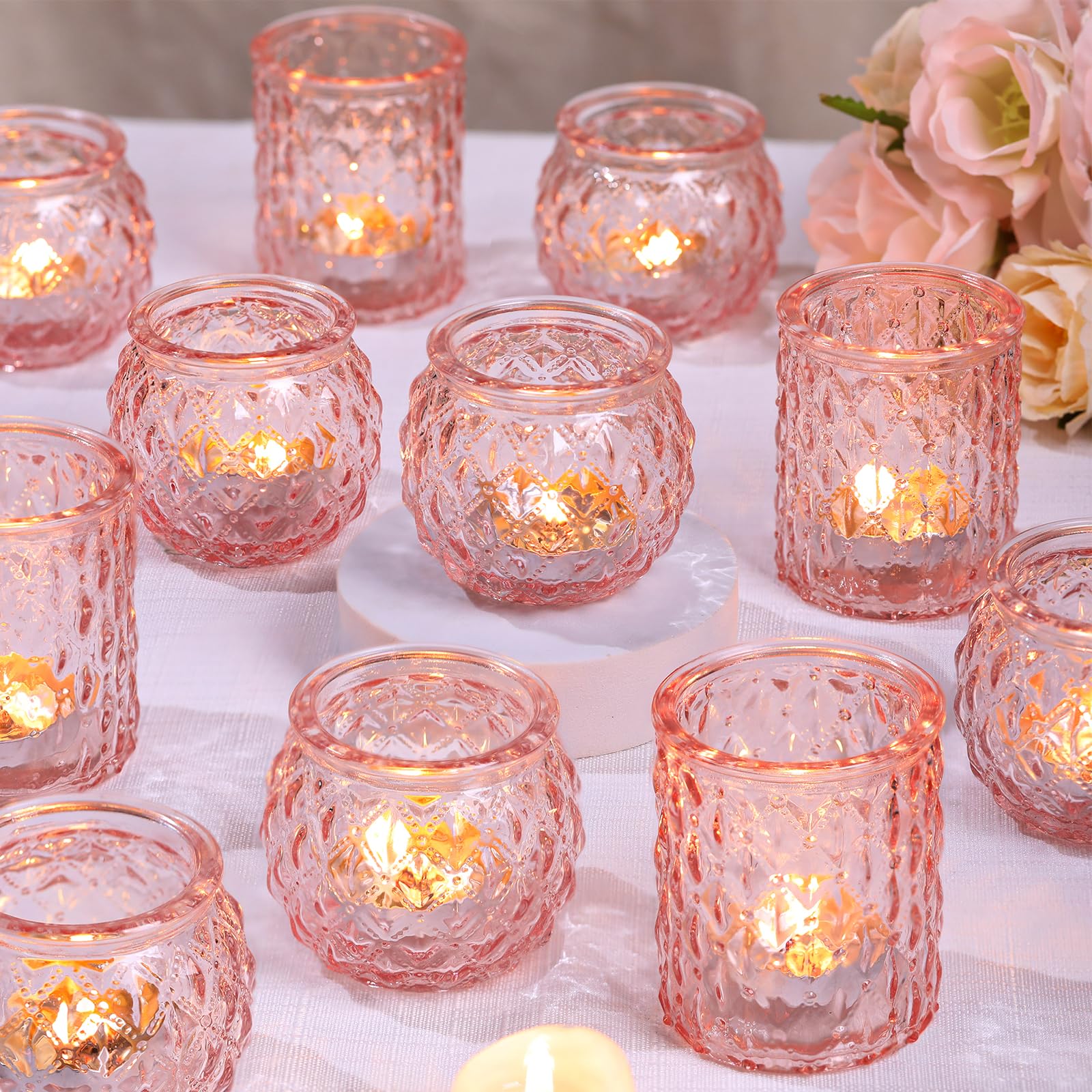 DARJEN Pink Votive Candle Holders Set of 24- Round Glass Candle Holders Bulk for Flameless LED Tea Waxes, Romantic Candle Holder for Wedding & Various Parties, Home Table Decor