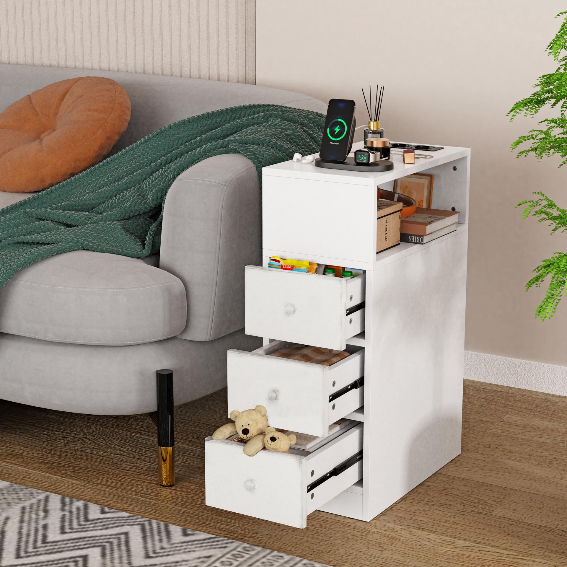 Juego de 1 Mesitas de Noche Estrechas, Mueble Auxiliar 3 Cajón y 1 Compartimentos, Mueble Auxiliar Estrecho con 2 Enchufes y 2 Puertos USB, Mesita de Noche Madera Dormitorio, Blanco