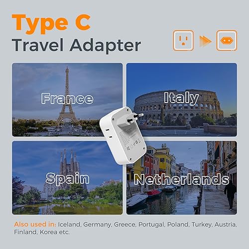 Miniatura 4 de TESSAN Adaptador de enchufe de viaje europeo, 2 unidades, adaptador PD de 20 W para enchufe de Europa con 4 salidas de CA, 4 USB (2 USB C),