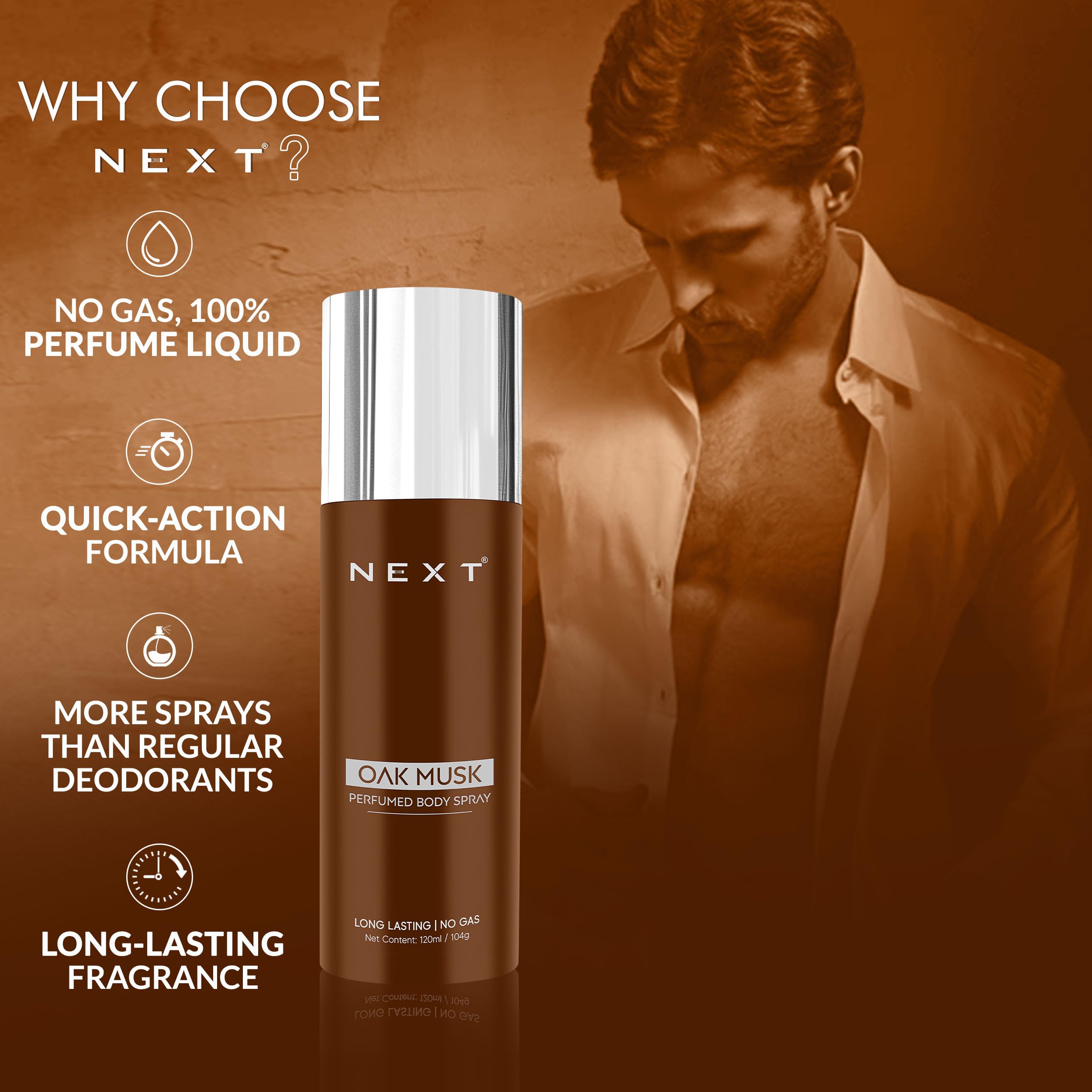 Next Care Oak Musk No Gas Perfumed Body Spray for Men & Women | Long-Lasting Deodorant | Woody Musk Fragrance | 120 ml