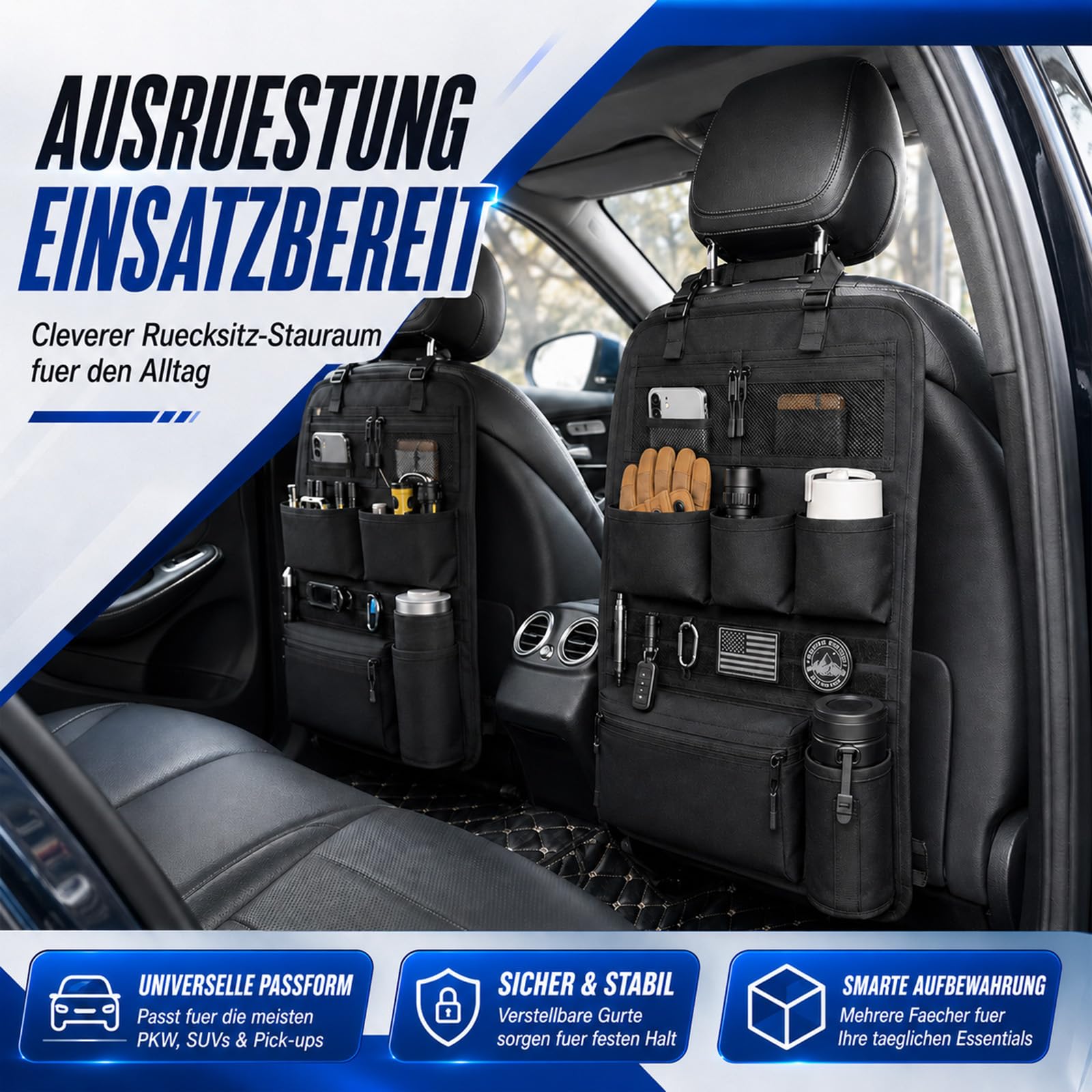 Rücksitz Organizer, Taktischer Autositz Organizer 7 Taschen Autositz Tasche mit 2 Netztaschen, 3 Taschen, 1 Reißverschlusstasche, 1 Becherhalter & MOLLE-System Sitztaschen für Autositz, 42x61cm