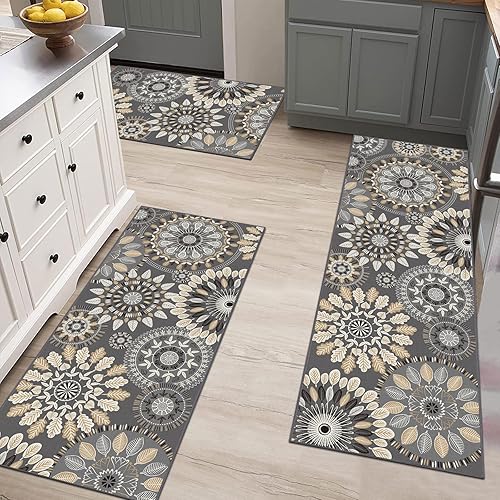 Miniatura 6 de Bsmathom Juego de Alfombras de Cocina Boho 3 Piezas, Alfombra de Cocina Antideslizante de Estilo Granja, Alfombras de Cocina Lavables y