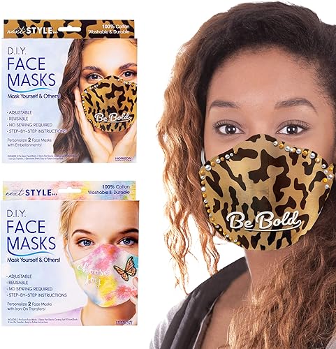 Horizon Group USA Next Style Make Your Own Face Kit, 4 máscaras faciales reutilizables precosidas, estampado de leopardo y teñido anudado,