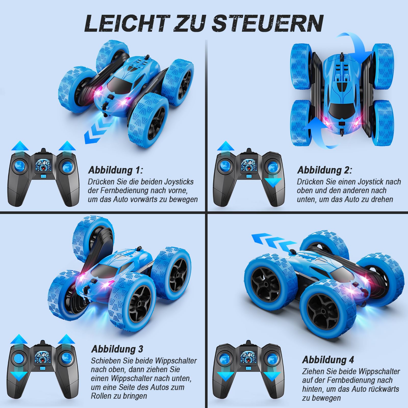 QUNREDA Ferngesteuertes Auto, RC Cars Spielzeug für Kinder im Alter von 6-12 Jahren, 4WD Stunt-Auto mit LED-Lichtern & 360°-Flips, 2,4 GHz, verbesserte USB-C-Modular-Batterien, 8-10 Jahre alte Jungen
