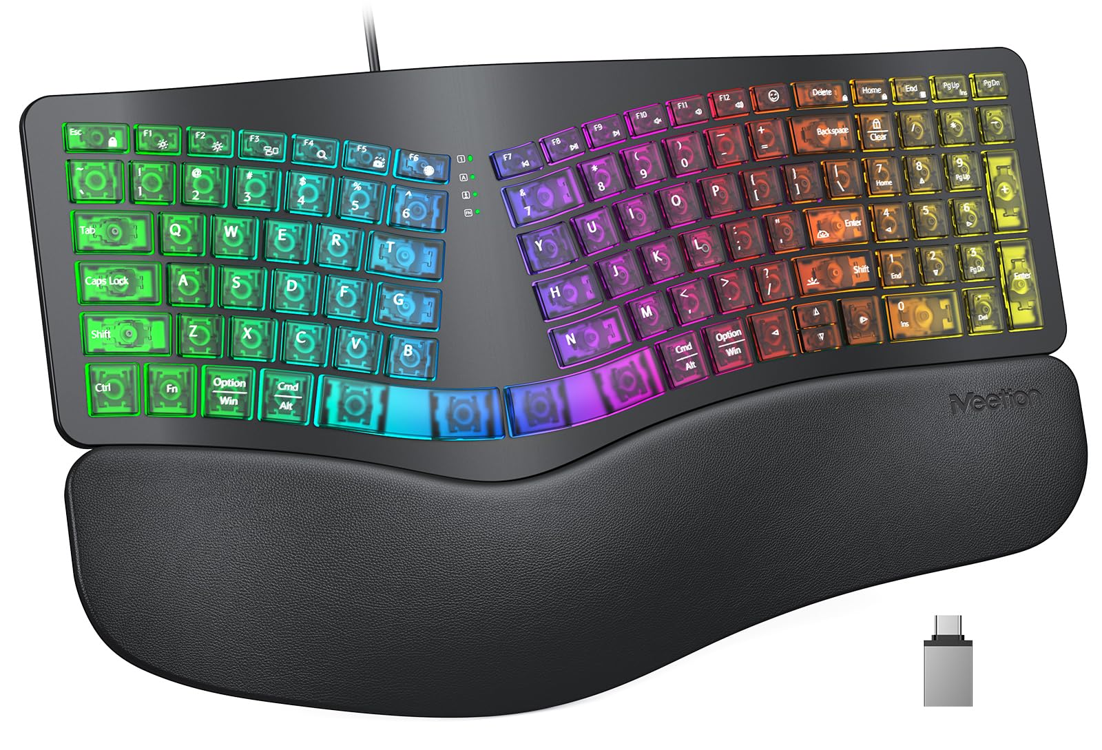 MEETION Ergonomic Keyboard Wired 7 Colors Transparent Backlit 4 Brightness 1 RGB Breathing Backlit Comfortable Wrist Rest Cushion