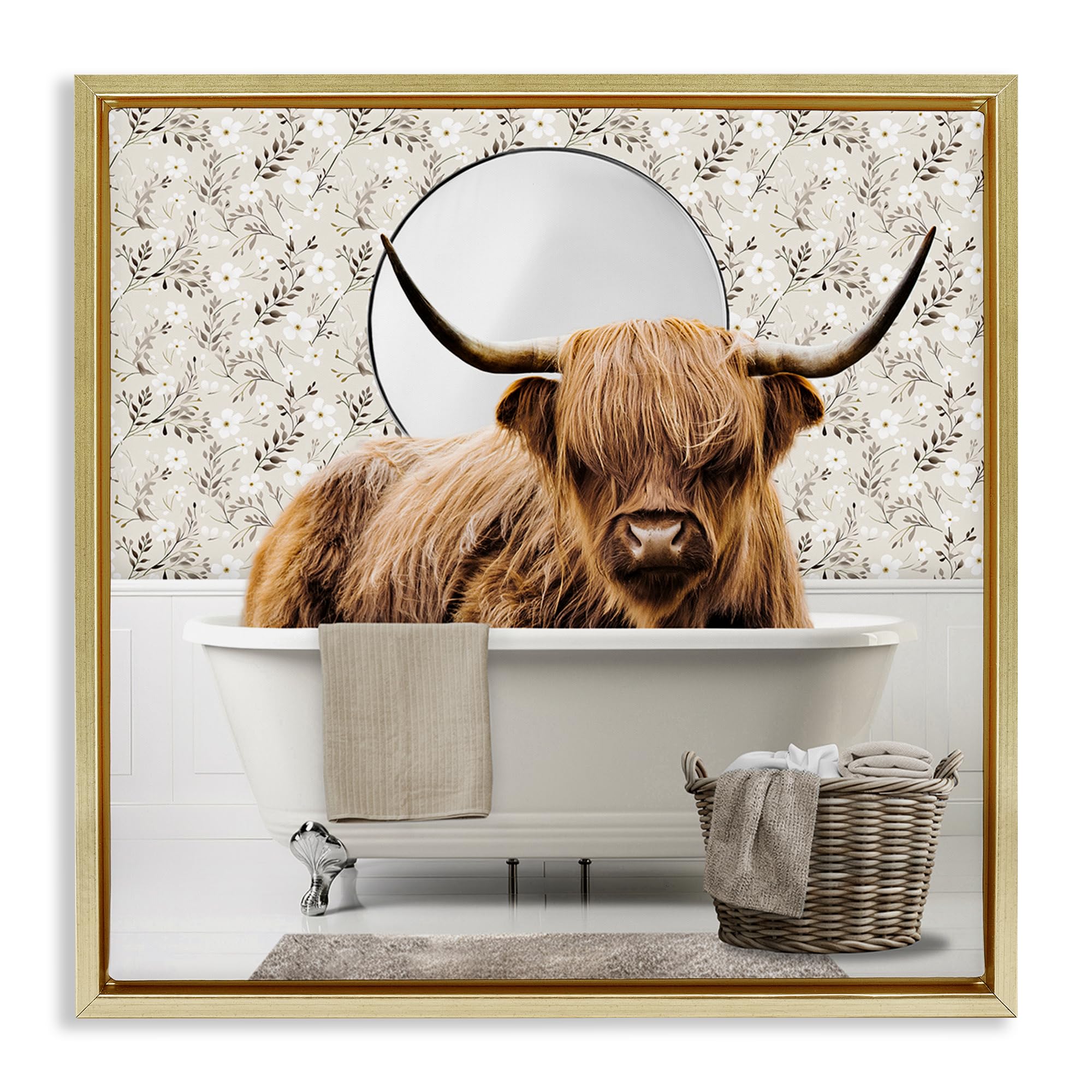 Stupell Industries 'Cottage Cattle Bath Time', Floating Frame Canvas Art, Gold, 25 x 25 Inches, Easy to Hang and Sturdy, Made in USA, by CAD Designs