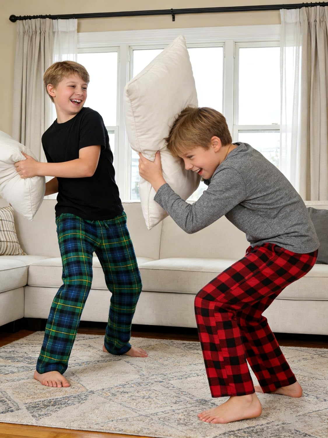 IHU Cotton Boys Pajama Pants Soft Flannel Woven Kids PJ Lounge Bottoms Buffalo Plaid Sleepwear with Drawstring and Pockets - Image 6