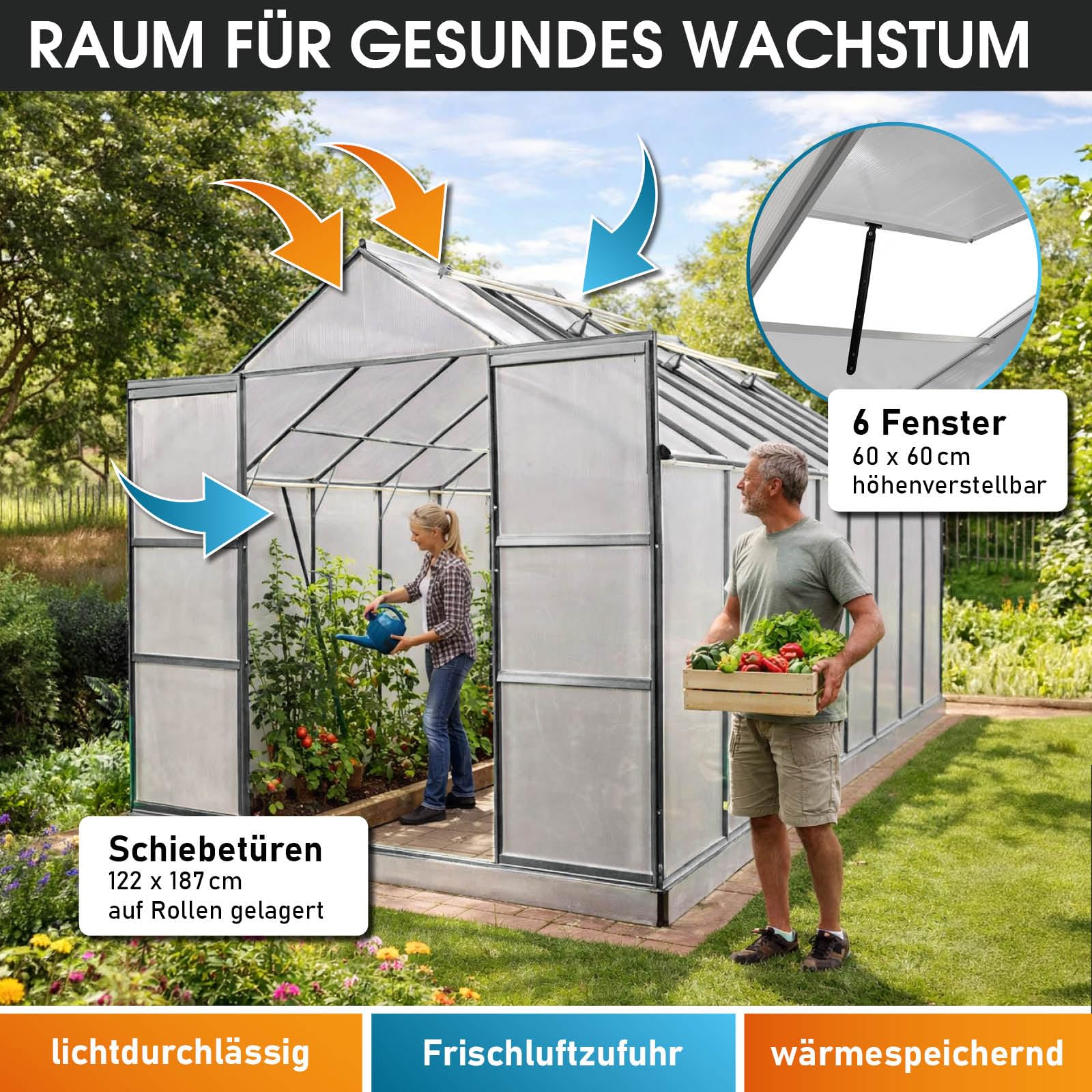 BRAST Gewächshaus Aluminium mit Fundament | 42 Modelle | 130x190x195cm - 490x250x235cm | TÜV geprüft | 6mm Hohlkammerplatten | rostfrei wetterfest temperaturbeständig | 490x250x235cm Silber