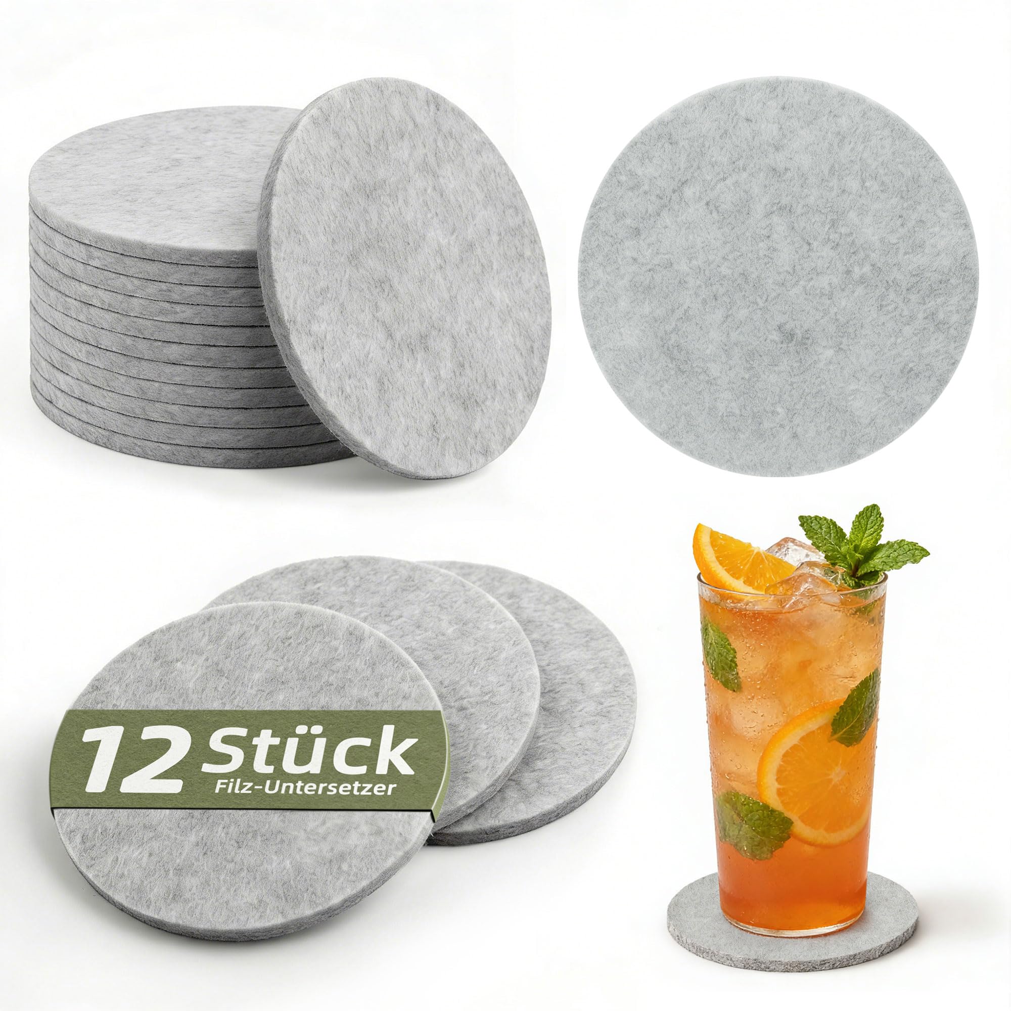 HELIMIAO Filz Untersetzer Gläser Rund, 5mm Extra Dicke Glasuntersetzer für Getränke, Waschbar Tischuntersetzer, Platzsets für Bar, Tassen, Vasen, Hellgrau 12 Stück