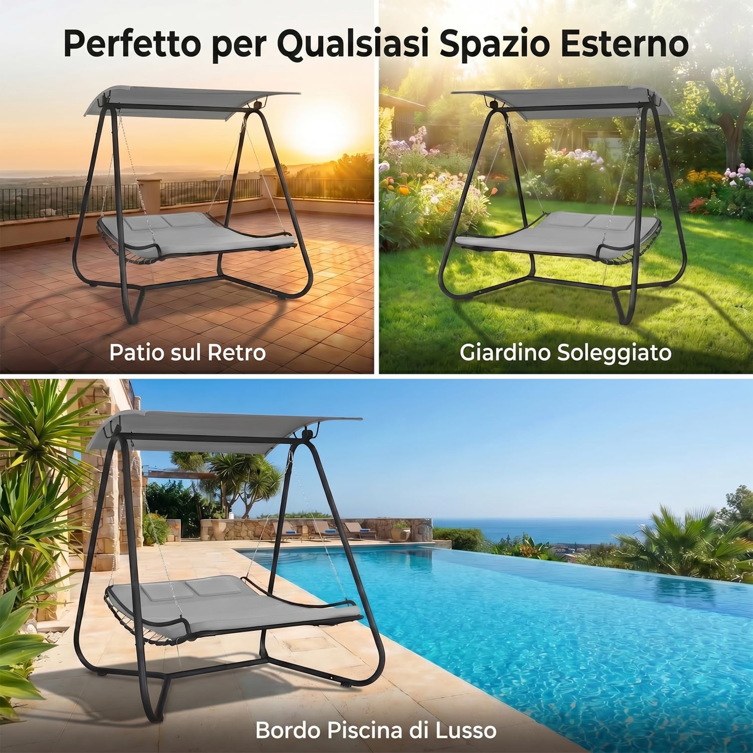 Marvin Dondolo Amaca Letto 2 Posti da Giardino con Tetto Parasole Struttura in Acciaio Seduta Imbottita in Textilene per Terrazzo Patio e Piscina (GRIGIO/GRIGIO)