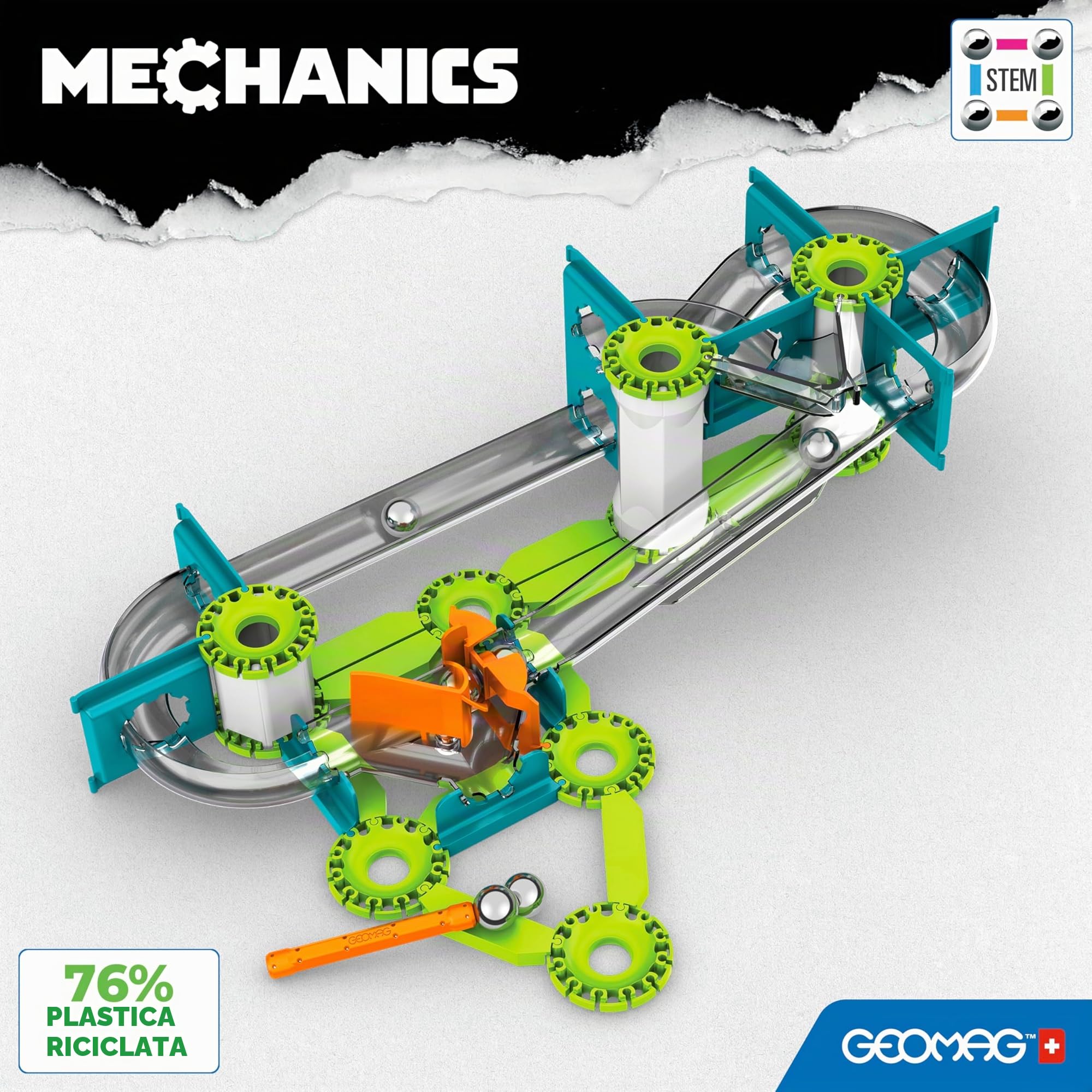 Geomag - Mechanics Gravity Race Track - Gioco Educativo e Creativo per Bambini - Costruzioni Magnetiche, Pista da Corsa con Blocchi Magnetici - Confezione da 67 Pezzi