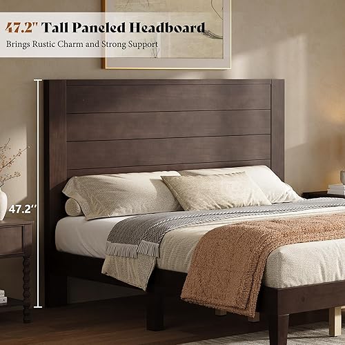 Miniatura 4 de AMERLIFE Base de cama de madera maciza de tamaño Queen con cabecera de 48 pulgadas, plataforma moderna de mediados de siglo con sistema de listones