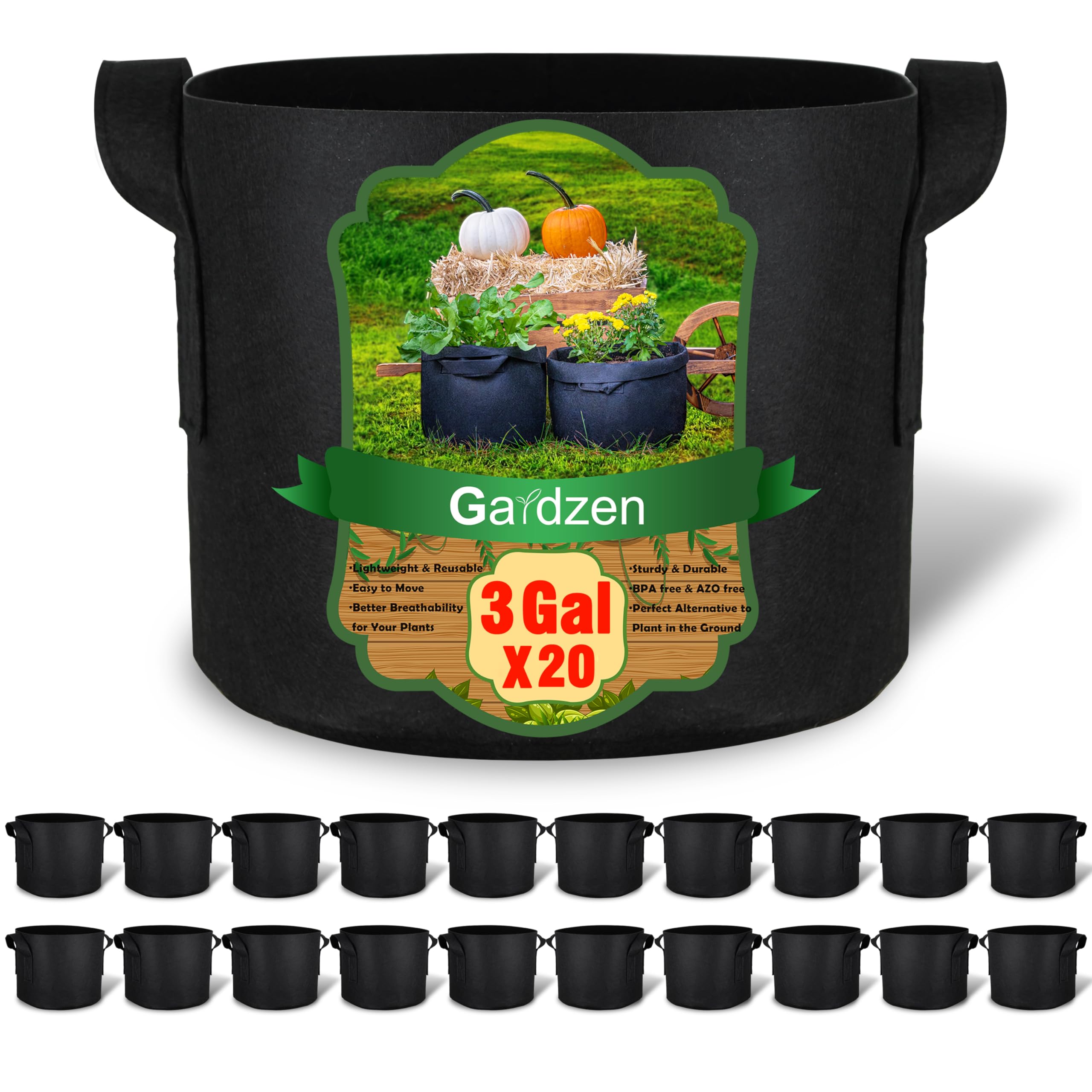 Gardzen 20-Pack 3 Gallon Grow Bags, Aeration Fabric Pots with Handles, Pot for Plants