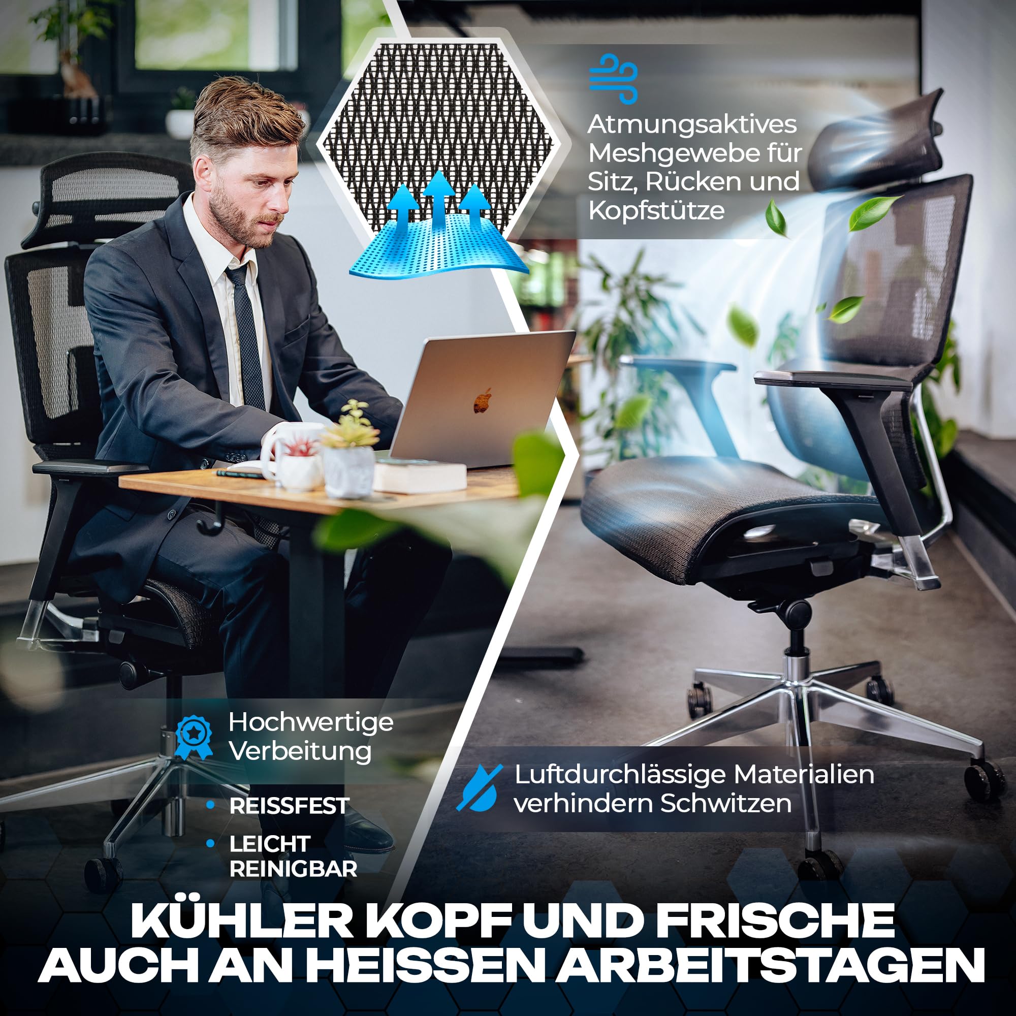 VALKENSTOL M7 Premium Bürostuhl Ergonomisch mit adaptiver Lordosenstütze | Rückenfreundliche Adaptive Lordosenstütze - Kippbare Sitzfläche für Gesundes Sitzen - Home Office Chair - Aluminiumrahmen