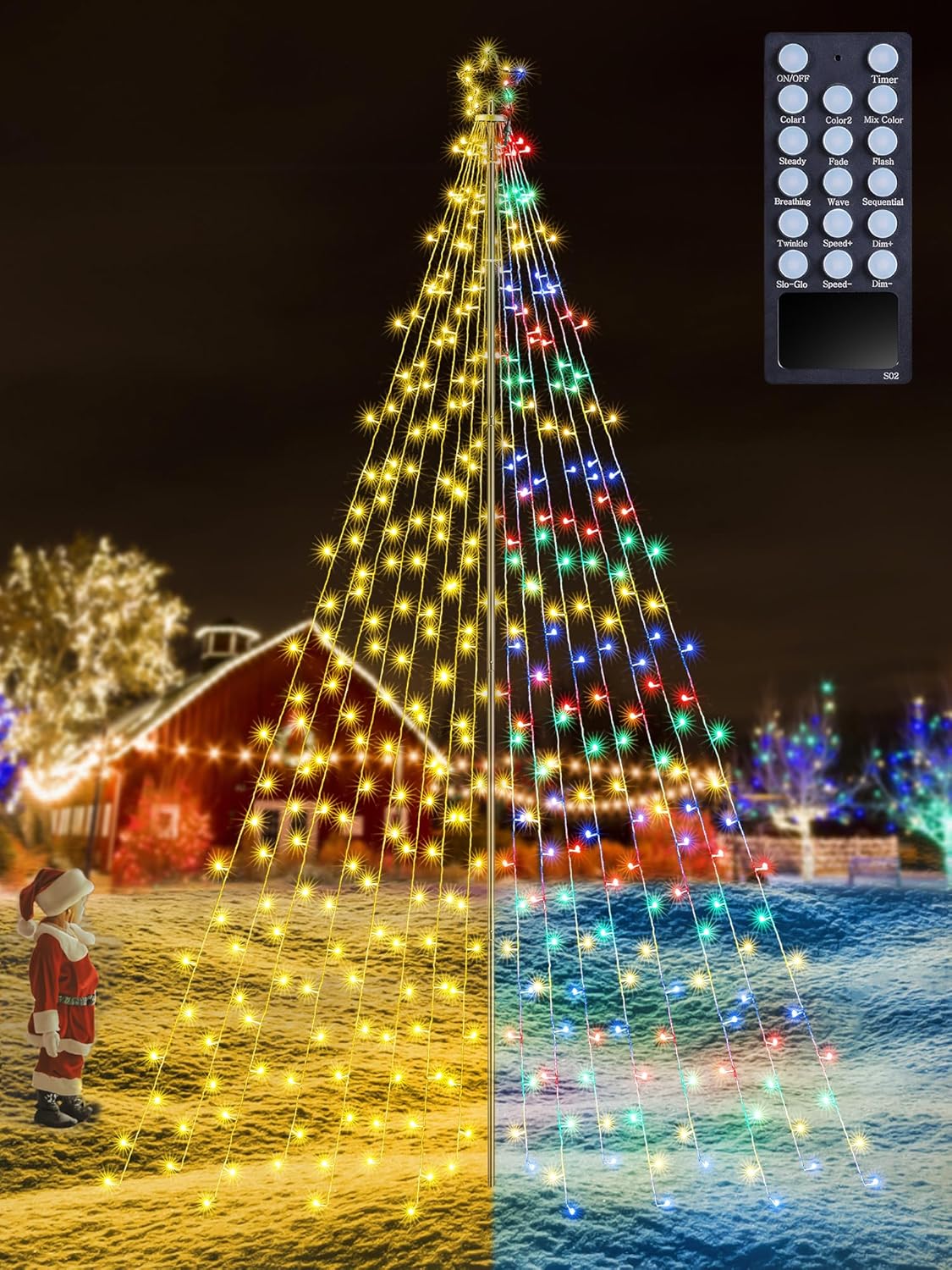 Lomotech Color Changing Christmas Tree Lights - 16Ft 664 LED with 10.5" Topper, Remote Controll Waterproof Iron Pole Waterfall Lights for Outdoor Christmas Decorations (Warm White to Multicolor) 16Ft/664Leds Warm White to Multicolor