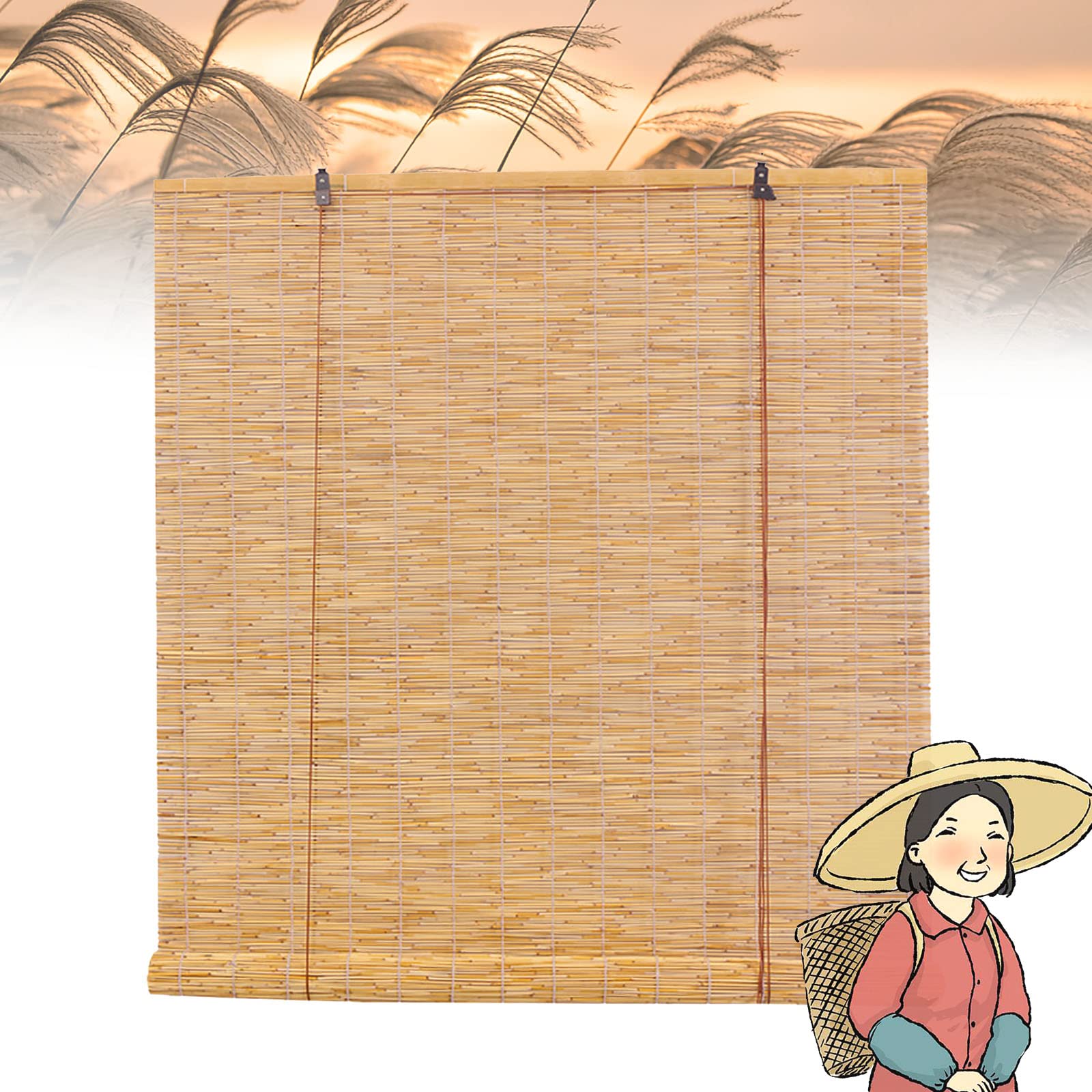 Retro Bamboo Shades Blinds Reed Shades Bamboo Shades Outdoor Bamboo Roller Blinds, Bamboo Roll Up Shades with Lift Bamboo Roll Up Blinds for Indoor/Outdoor Privacy 10×43in（W×H） White