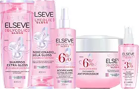 L'Oréal Paris Elseve Glycolic Gloss Kit Tratamento Capilar Completo, Combate a Porosidade e Garante Brilho Gloss, Shampoo 400ml + Condicionador 400ml + Máscara 300g + Acidificante 200ml + Sérum 100ml