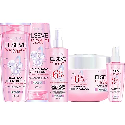 L'Oréal Paris Elseve Glycolic Gloss Kit Tratamento Capilar Completo, Combate a Porosidade e Garante Brilho Gloss, Shampoo 400ml + Condicionador 400ml + Máscara 300g + Acidificante 200ml + Sérum 100ml
