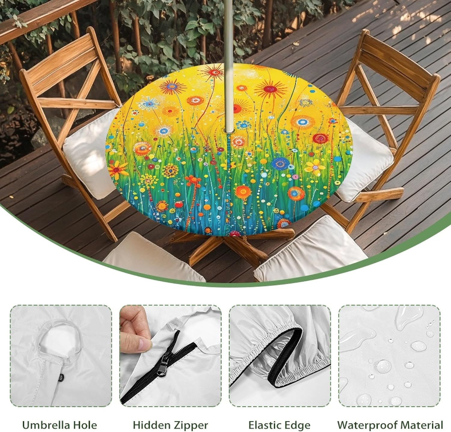 Abstract Pattern Outdoor Round Tablecloth with Umbrella Hole Waterproof Circle Fitted Tablecloth with Elastic Zippered Table Cloth Patio Table Cover for Picnic Garden, Fit for 45"-52" Outdoor Tables
