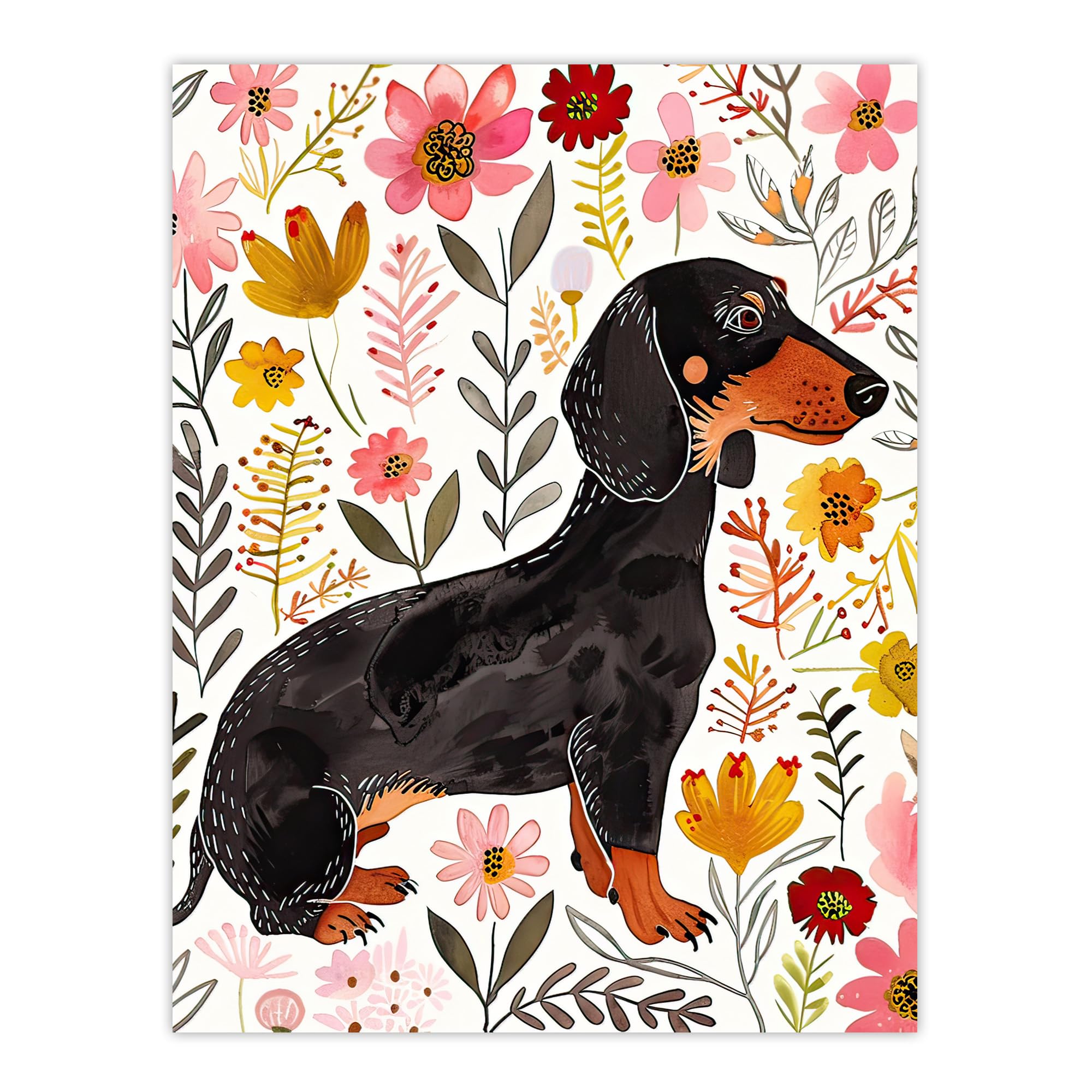Artery8 Dachshund Floral Watercolour Wall Art Print - W18" x H24"