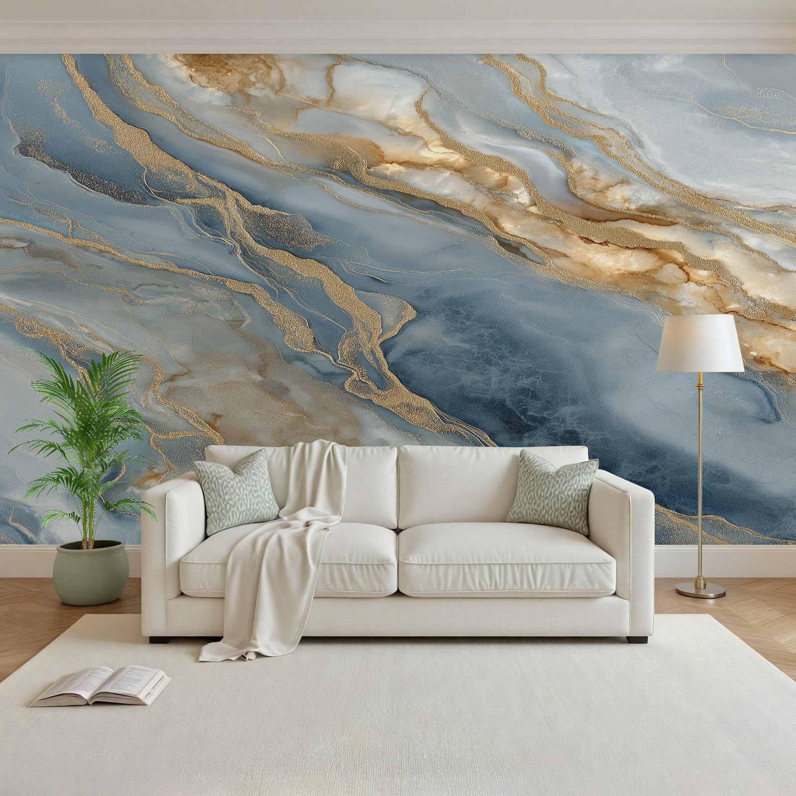 Papier peint panoramique marbre bleu doré pour rénover un mur abîmé poster géant 300x210