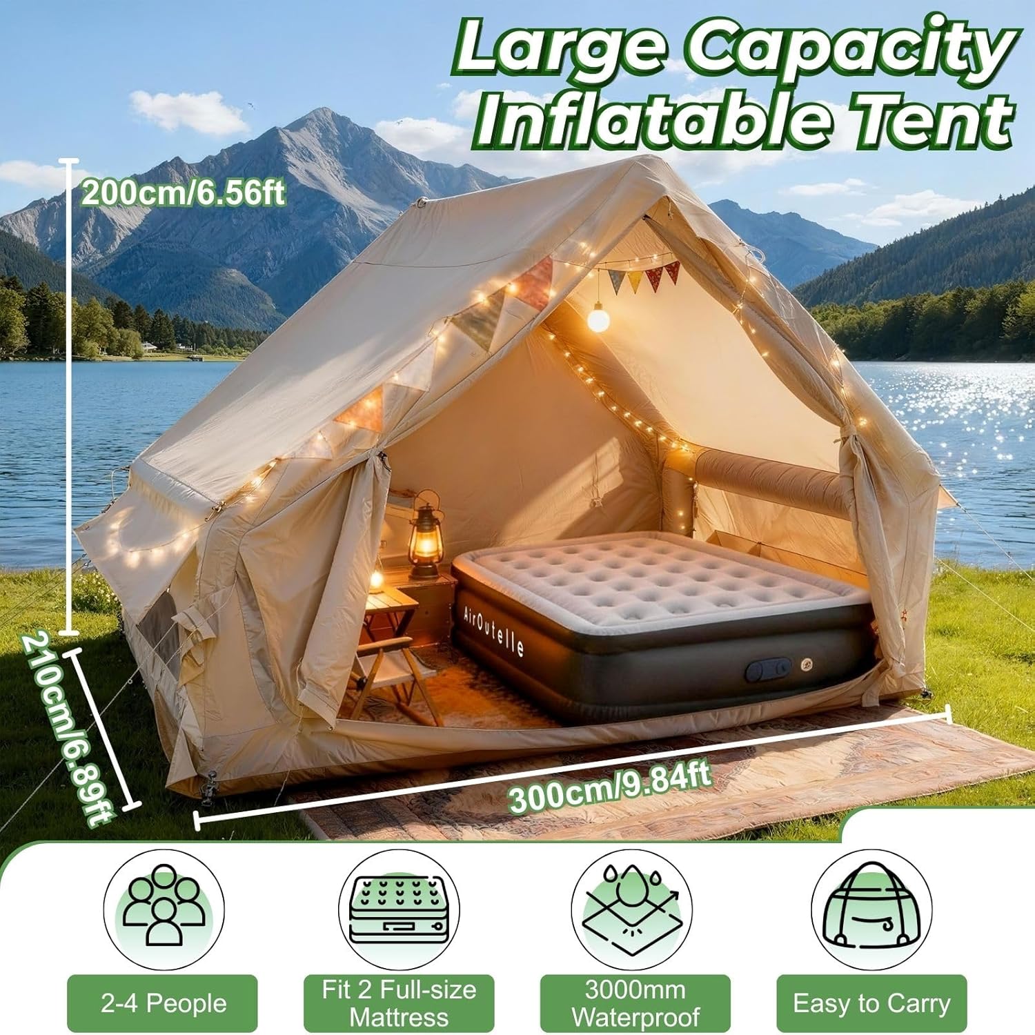 4-6 Person Inflatable Air Tent - 4 Season Family Camping Tent with 3000mm Waterproof & Quick Setup Under 5 Mins, Includes Manual Pump, Storage Bag & Stakes