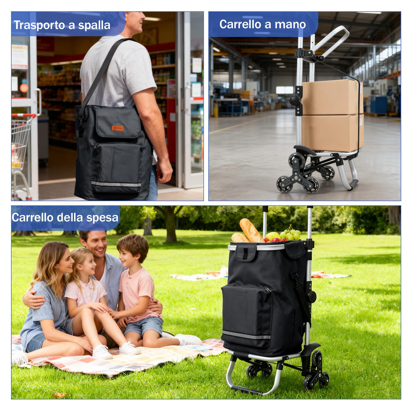 Sekey Carrello della Spesa Pieghevole con Funzione Saliscale, Carrello 3 in 1 con Borsa a Tracolla e 3 Ruote, Trolley e Carrello Impermeabile Ideale per la Spesa e il Campeggio – Nero
