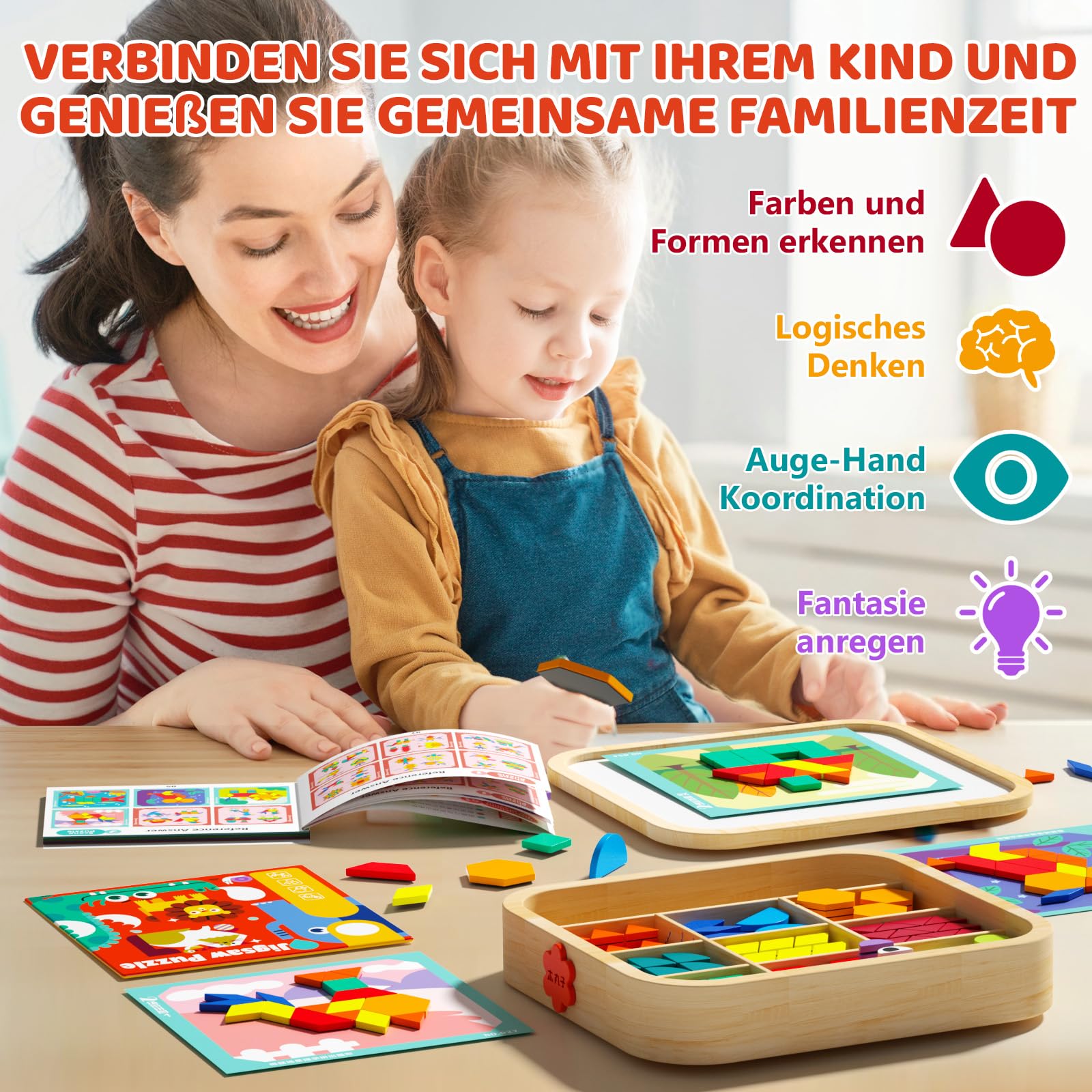 Magnetische Holzbausteine ​​mit Karten, 288-teiliges Montessori-Tangram-Puzzle-Lernspielzeug für Kleinkinder von 3-5 Jahren, pädagogisches STEM-Geschenk für Jungen und Mädchen von
