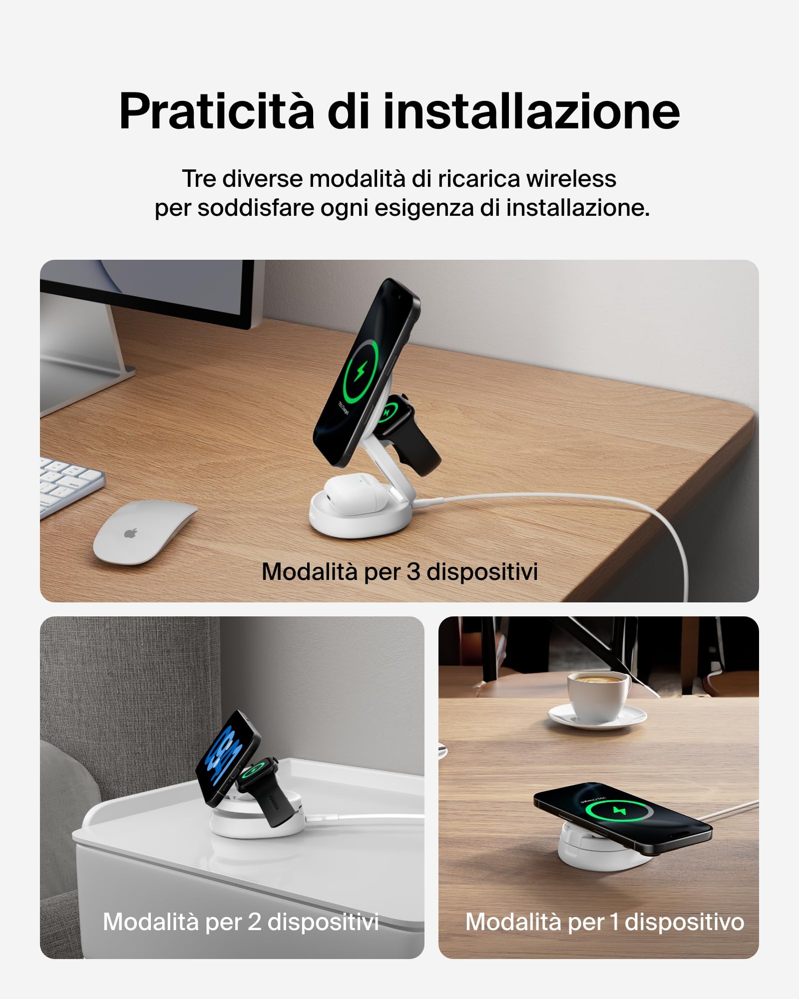 Belkin BoostCharge Caricatore Wireless Compatibile con MagSafe, Stazione di Ricarica wireless 3 in 1, Qi2 15 W per iPhone 17, Air, Apple Watch, AirPods, Pixelsnap, alimentatore da 36W - Bianco