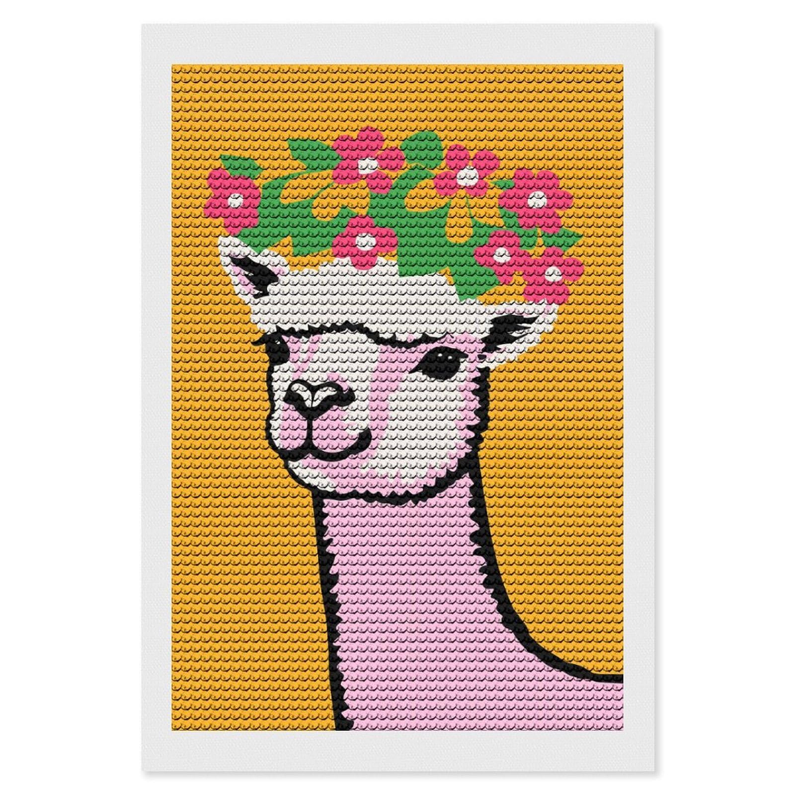 Junmoney Alpaca with Flower Crown DIY Diamond Art Canvas Kit 8"x12", Adhesive Canvas, Easy to Enjoy, Farmhouse Decor, Festive Craft Gift