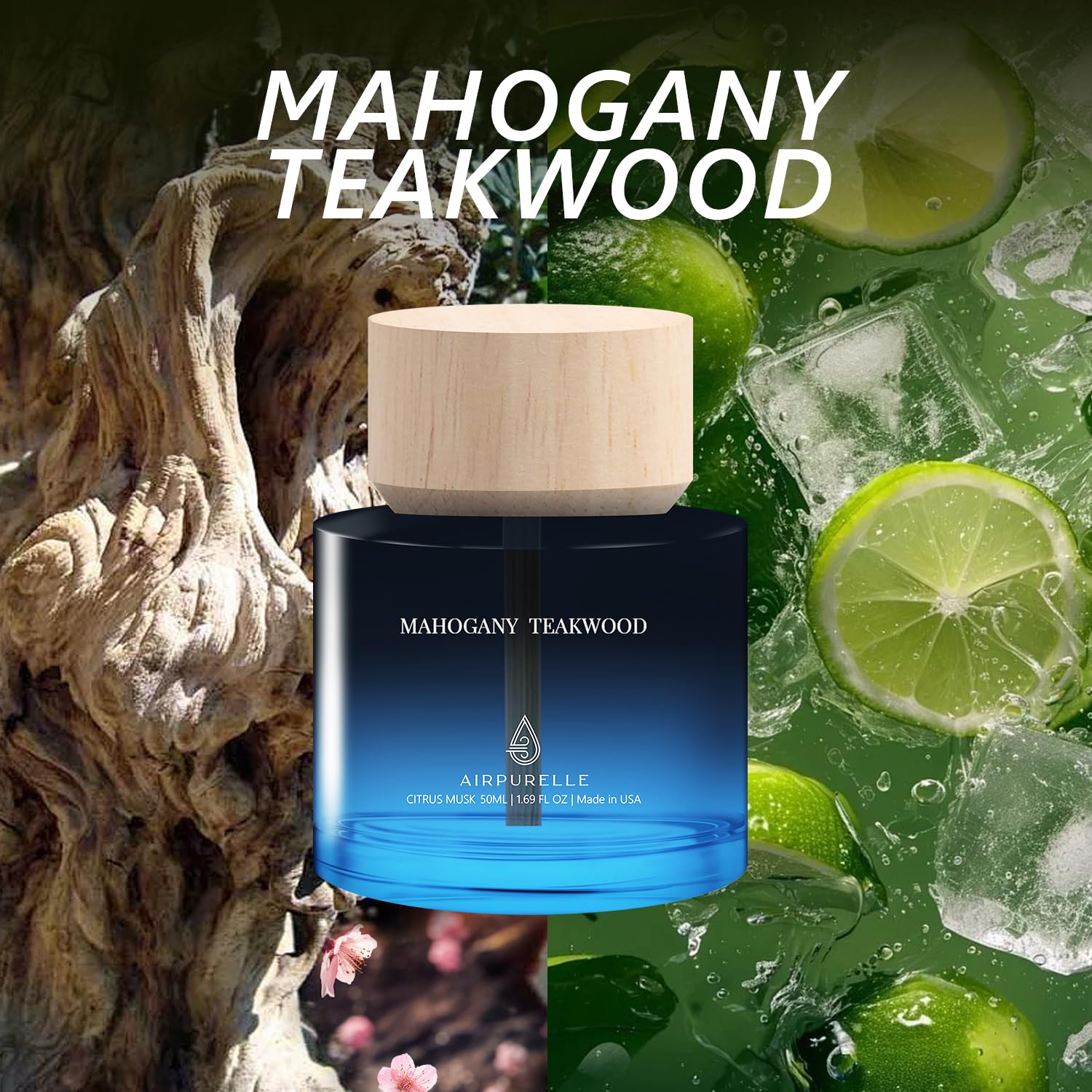 Ambientador de coche para hombres y mujeres – Difusor de aceite esencial de madera de teca de caoba de larga duración para portavasos de coche – Difusor de aroma de coche de 50 ml, inspirado en el