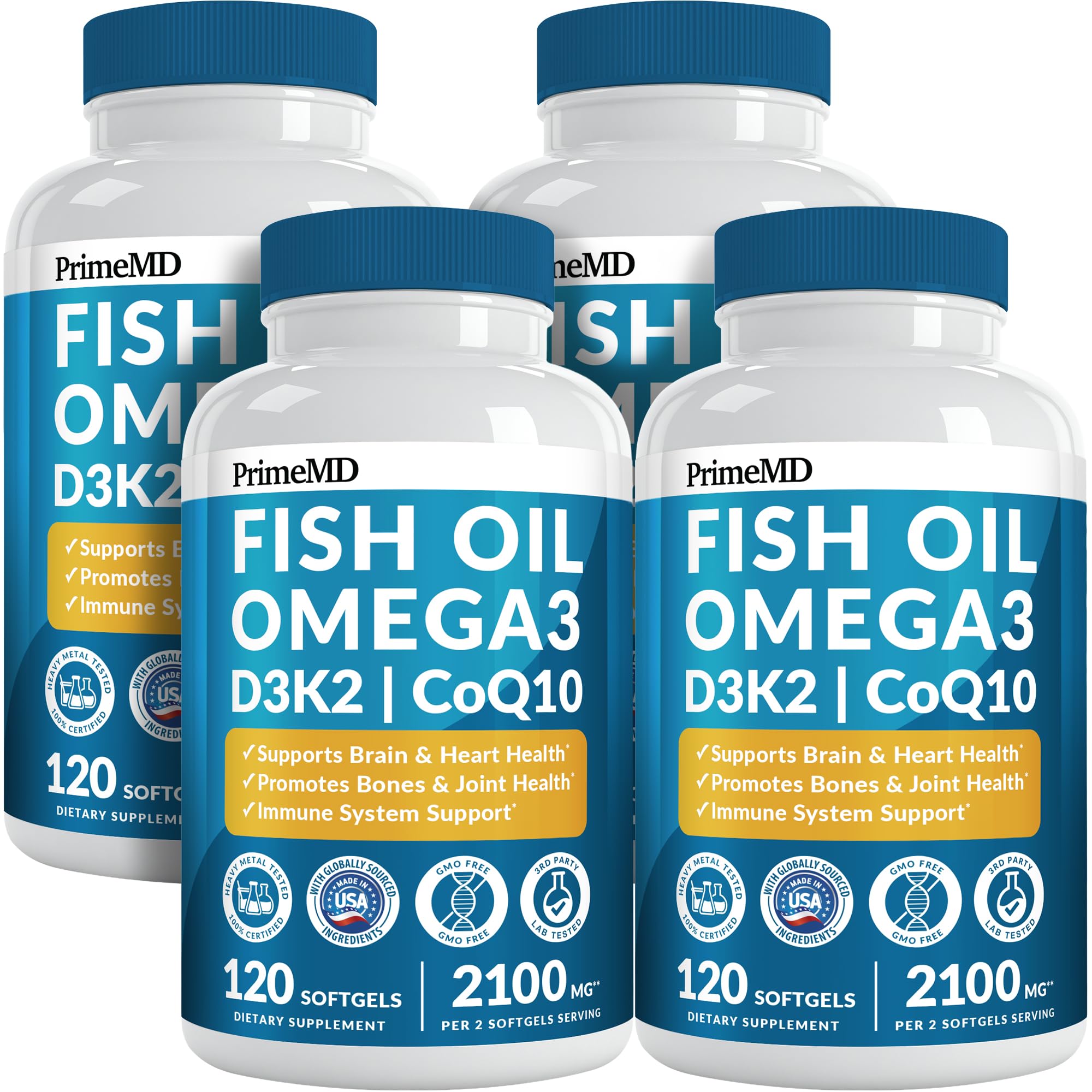 5-in-1 Fish Oil Omega 3 Fatty Supplements (2100mg) - Omega 3 Fish Oil with Vitamins D3 K2 and CoQ10 - Lemon Flavored (120 softgels, Pack of 4)