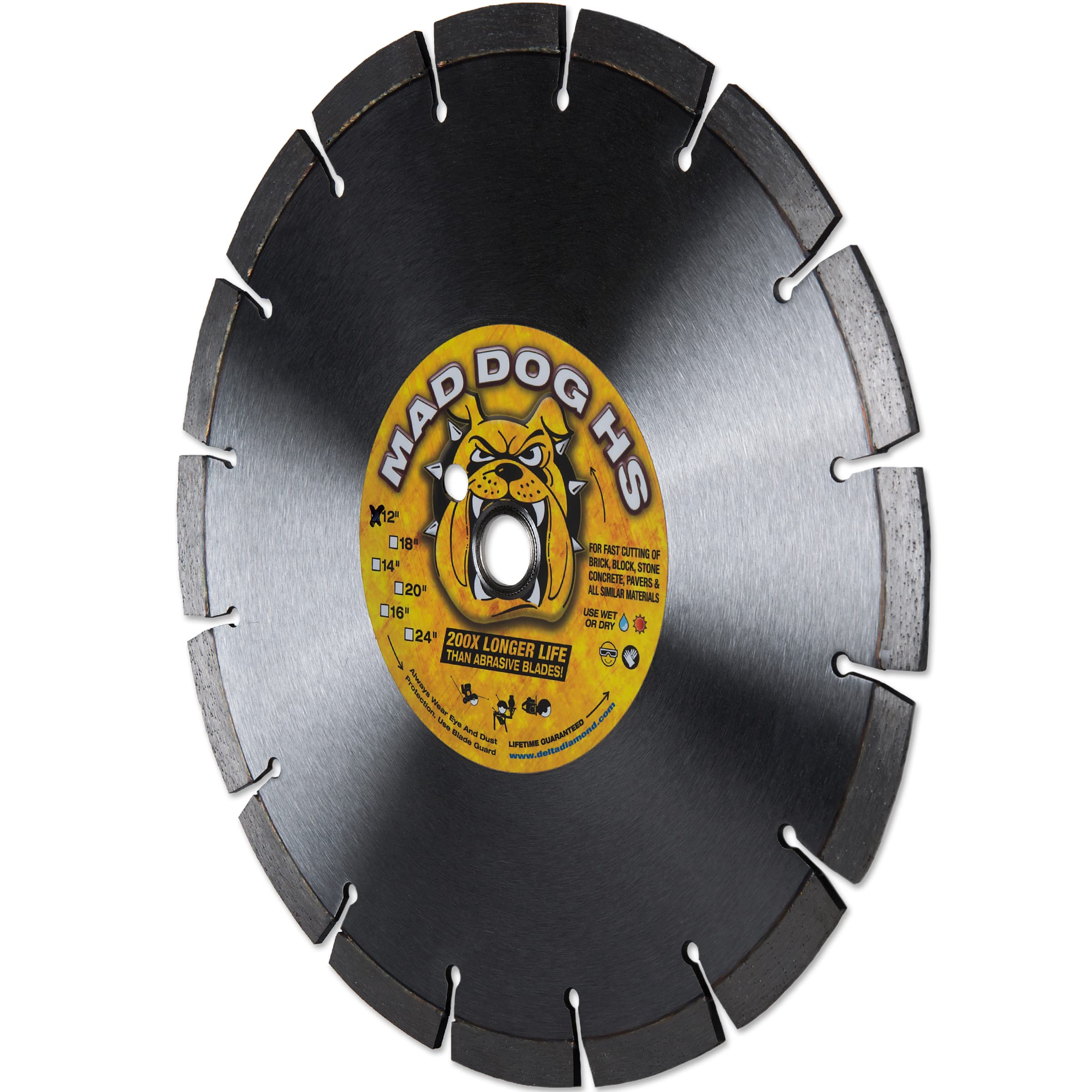 Delta Diamond Mad Dog HS 12 Inch Segmented Diamond Saw Blade, .125 X 1-20mm Arbor, Made in USA, Premium, Wet/Dry, Laser-Welded, General Purpose Cutting Concrete, Masonry, Stone (12")