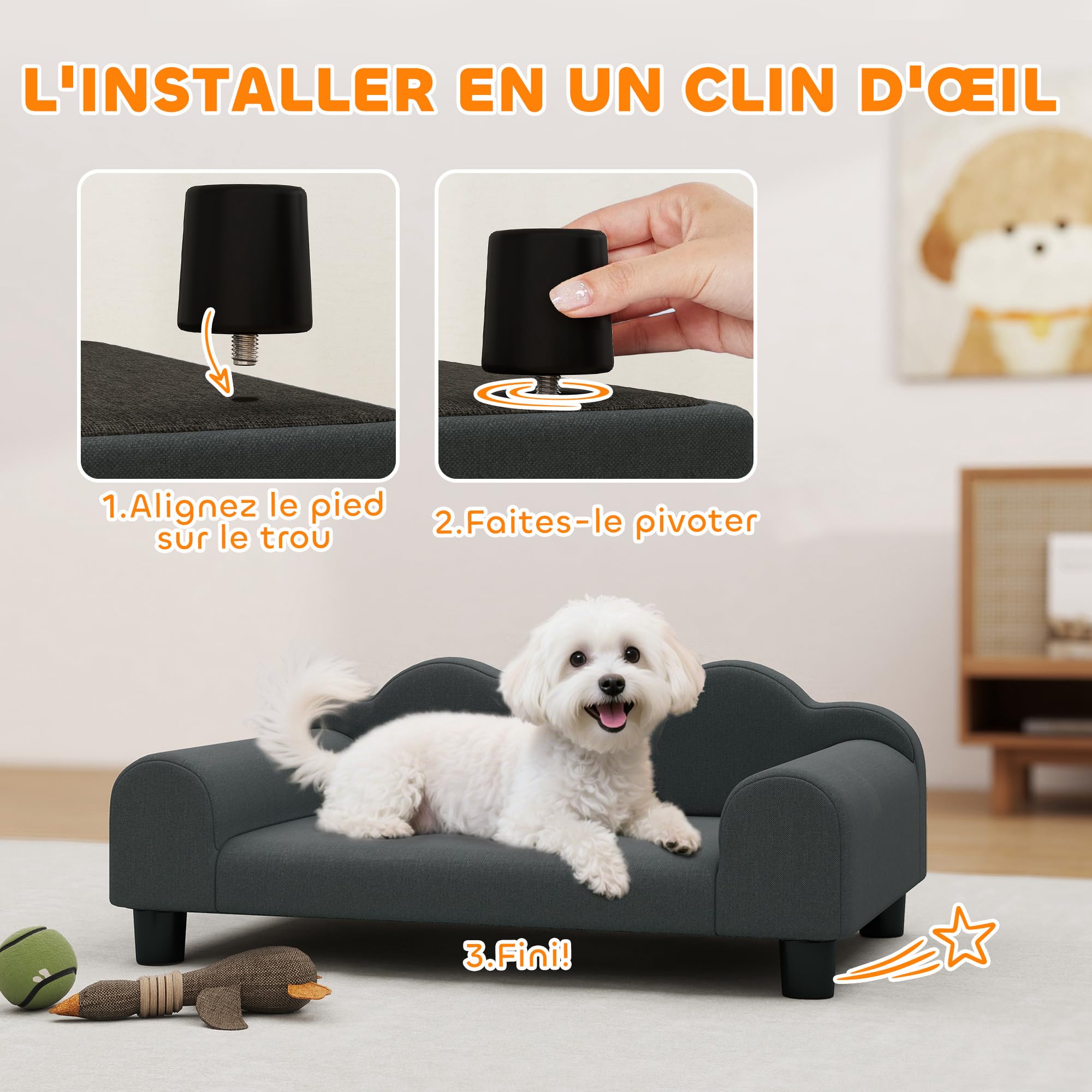 PawHut Canapé pour Chien, canapé pour Animal de Compagnie avec Dossier et accoudoirs, Respirant, pour Petits Chiens d'intérieur, 66 x 42 x 28,5 cm, Gris foncé