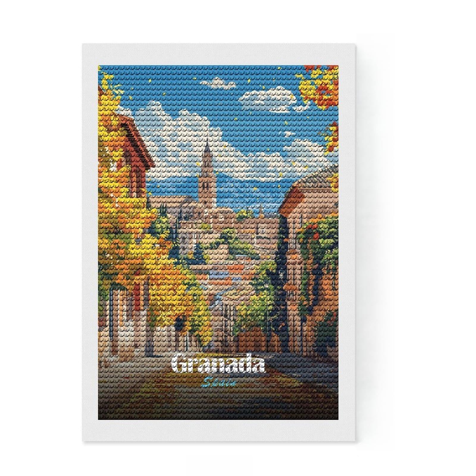 Junmoney Granada, Spain, Autumn Cityscape Diamond Art Kit 8"x12", Mindful Craft Activity, Office Decor, for Creative Relaxation, Thoughtful Handmade Gift