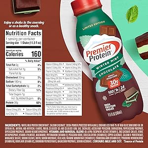 Premier Protein Shake, Limited Edition Winter Mint Chocolate, 30g Protein, 1g Sugar, 24 Vitamins & Minerals, Nutrients to Support Immune Health, 11.5 oz, 12 Pack