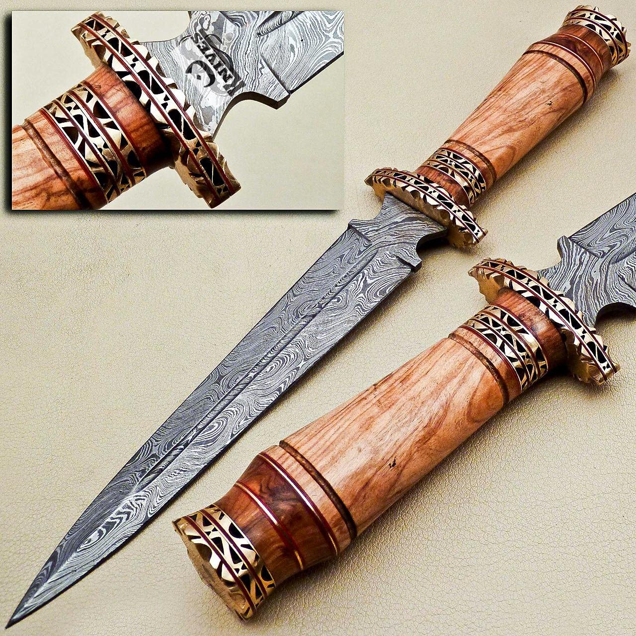 NoonKnives: Hand Made Damascus Steel Collectible Knife Handle Camel Bone with Brass Inserts (olive wood)