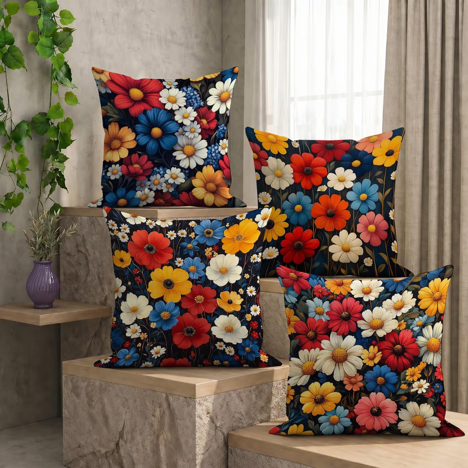 Nordic Outdoor Wodoodporne Poszewki Na Poduszki 60 x 60 cm Zestaw 4 Kwadratowych Len Dekoracyjna Poszewka Na Poduszkę Na Sofę Taras Krzesło Ogrodowe Dekoracyjne Poduszki (Kwiat) L-O11