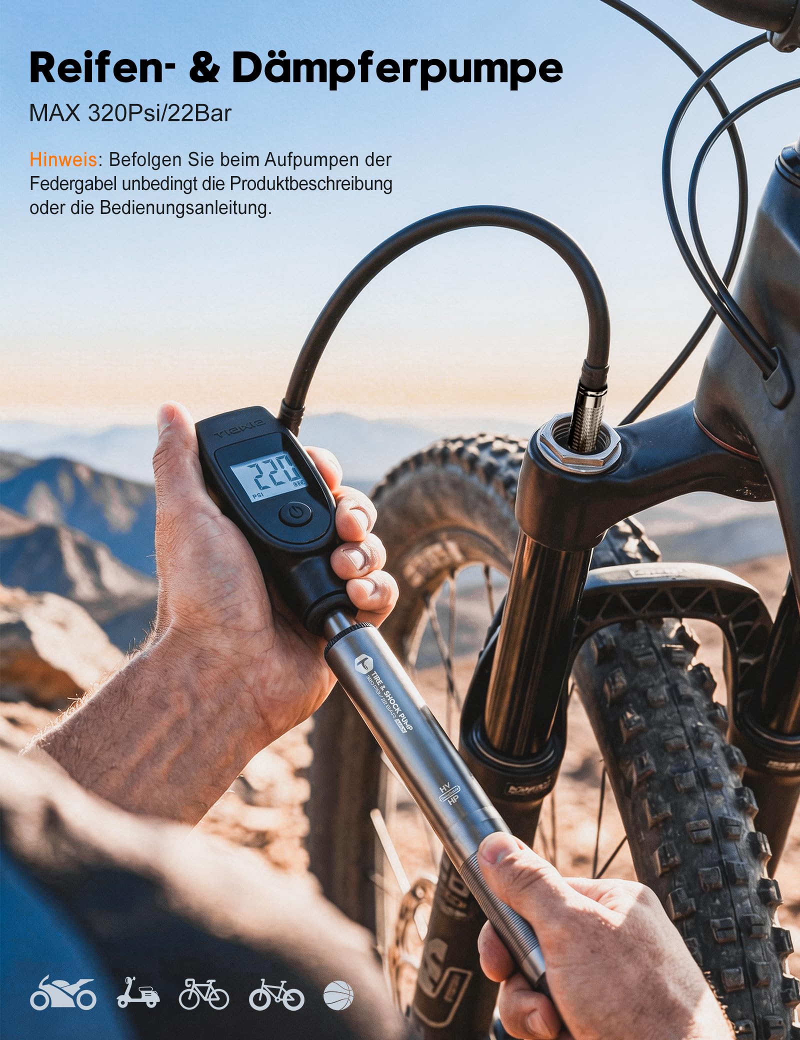 Tiakia Fahrrad Dämpferpumpe Digital 2-in-1 mit Manometer 320PSI Für Luftdämpfer und federgabel, Tragbare Aluminium fahrradpumpe reifenpumpe Fahrrad Rahmenpumpen,Für Schrader/Presta