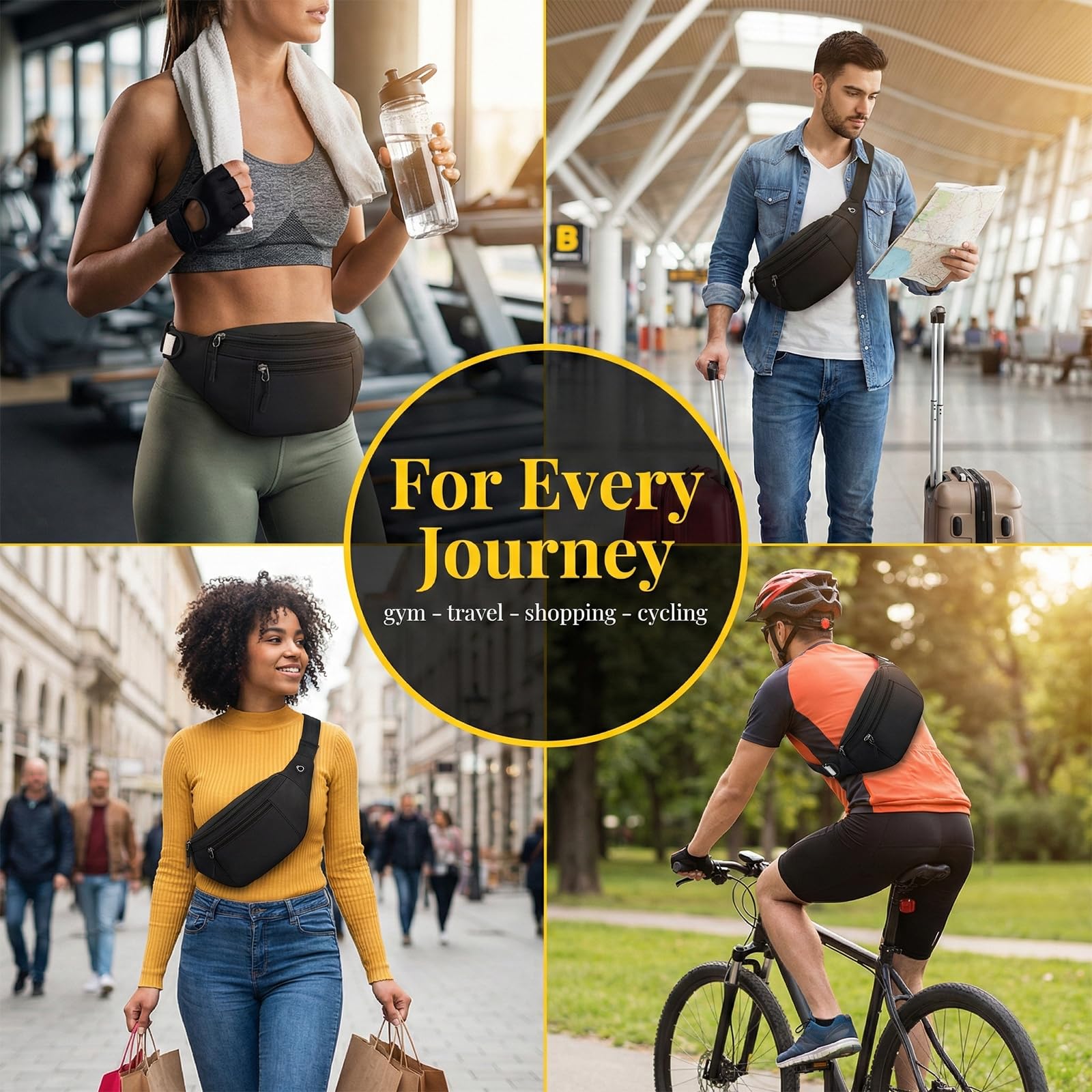 Sac Banane Noir Imperméable à Bandoulière Ajustable, pour Voyage Shopping et Quotidien