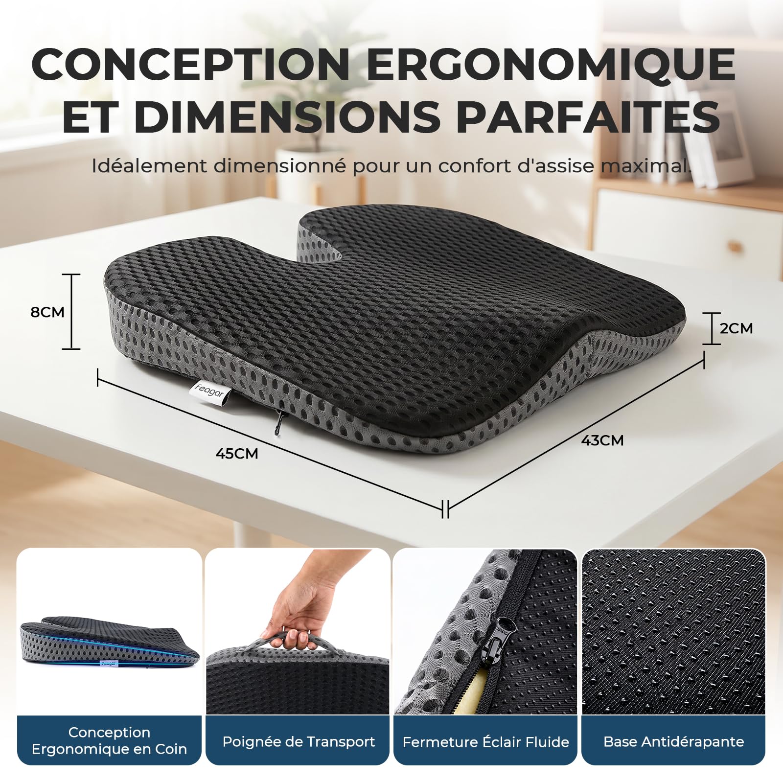Feagar Coussin De Siège Auto en Coin Mémoire De Forme [Mesh 3D] | Réhausseur Ergonomique Pour Conducteur, Camion & Bureau, Coussin Compensé Antidérapant, Housse 3D Respirant, Posture