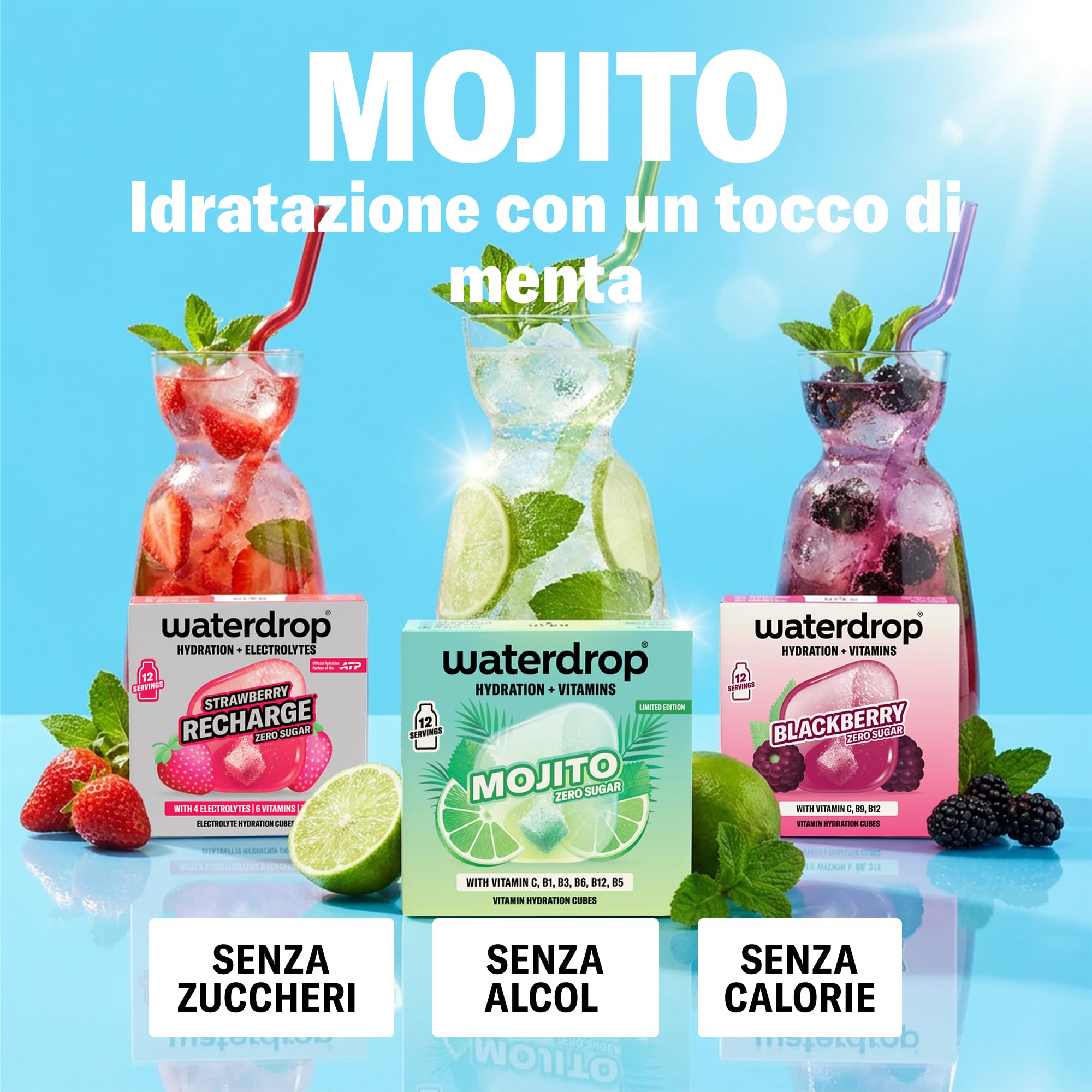 waterdrop® Mojito Set - Cubetti per Acqua - 36 Cubi Mojito, Fragola & Mora - Bevanda Analcolica Zero Alcol - Alternativa Analcolica all’Acqua Tonica - Senza Zucchero con Vitamine C & B12