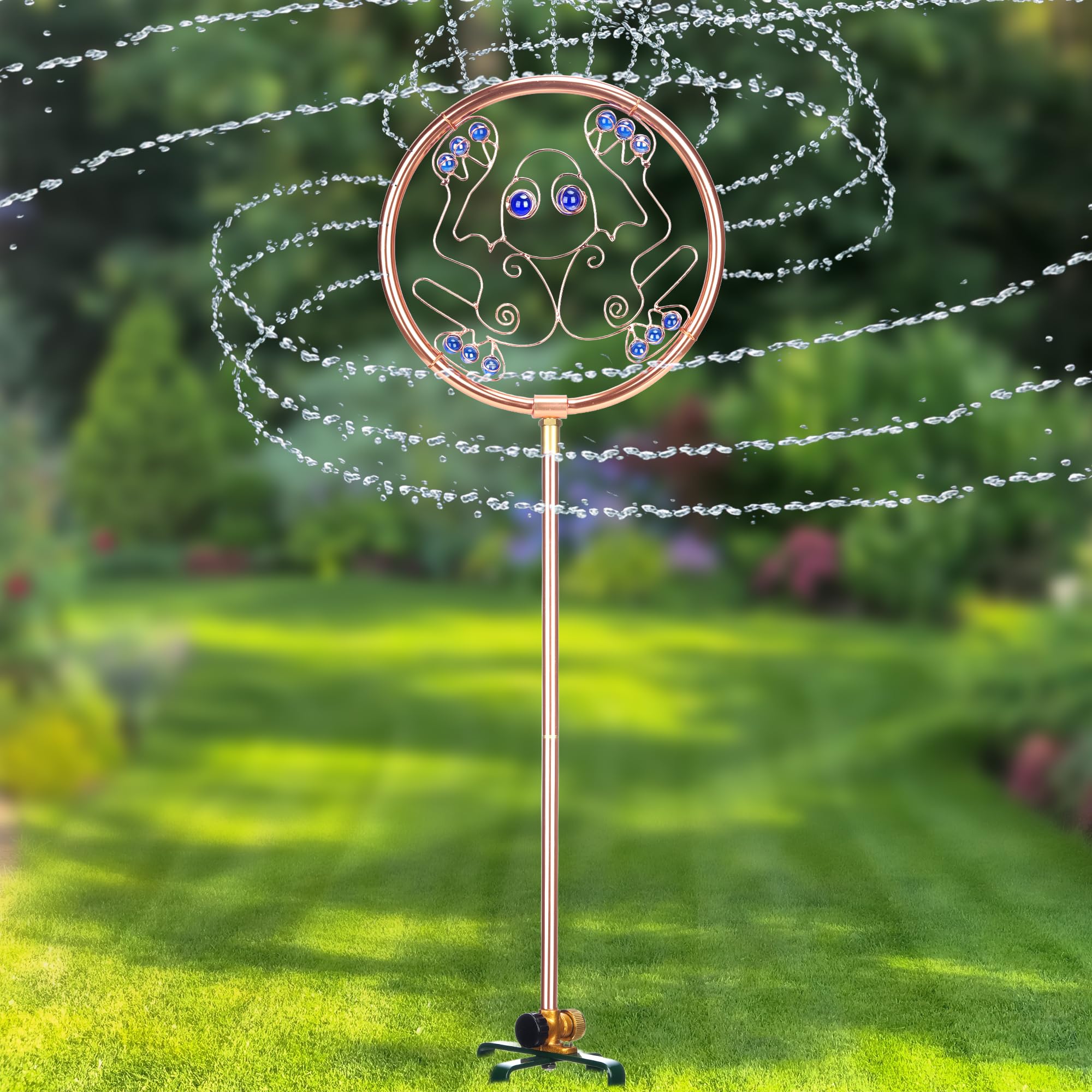 34" Copper-Coated Stainless Steel Garden Sprinkler, 360° Rotating Decorative Ornamental Sprinkler for Lawn, Yard & Landscape Watering (Frog)