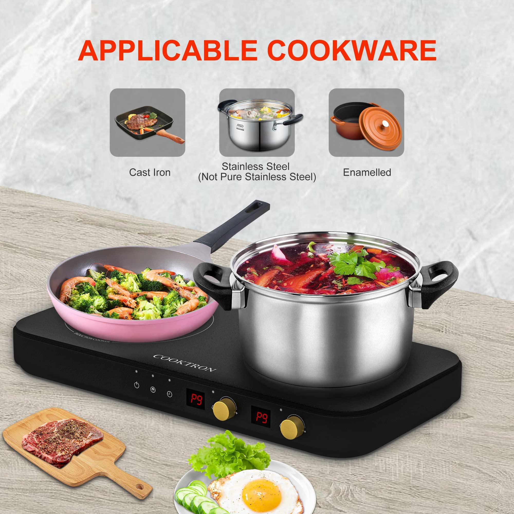 COOKTRON Portable Induktionskochfeld 2 Brenner 2800W Doppelinduktionskochfeld mit abnehmbarem Eisen Guss Grillpfanne Antihaft Kindersicherung