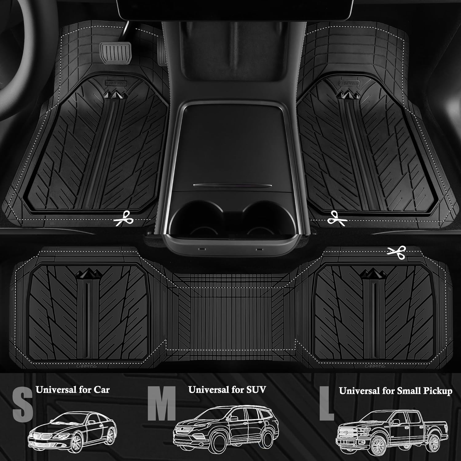 CAR PASS Floor Mats for Cars M-L Size, Heavy Duty Rubber Floor Mats with Trunk Cargo Liner, Universal Trim-to Fit Automotive Floor mats for Truck Van SUV Waterproof All Weather Car Mats Solid Black - Image 2