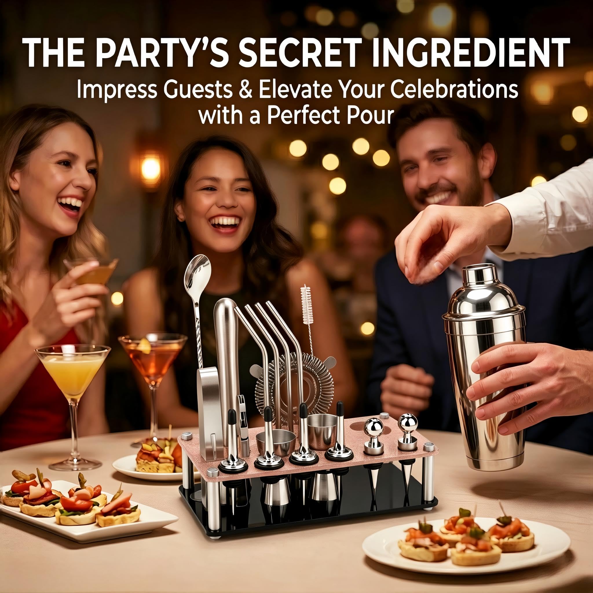 KINGROW Kit per preparare cocktail, 20 pezzi con supporto, argento 708,7 g