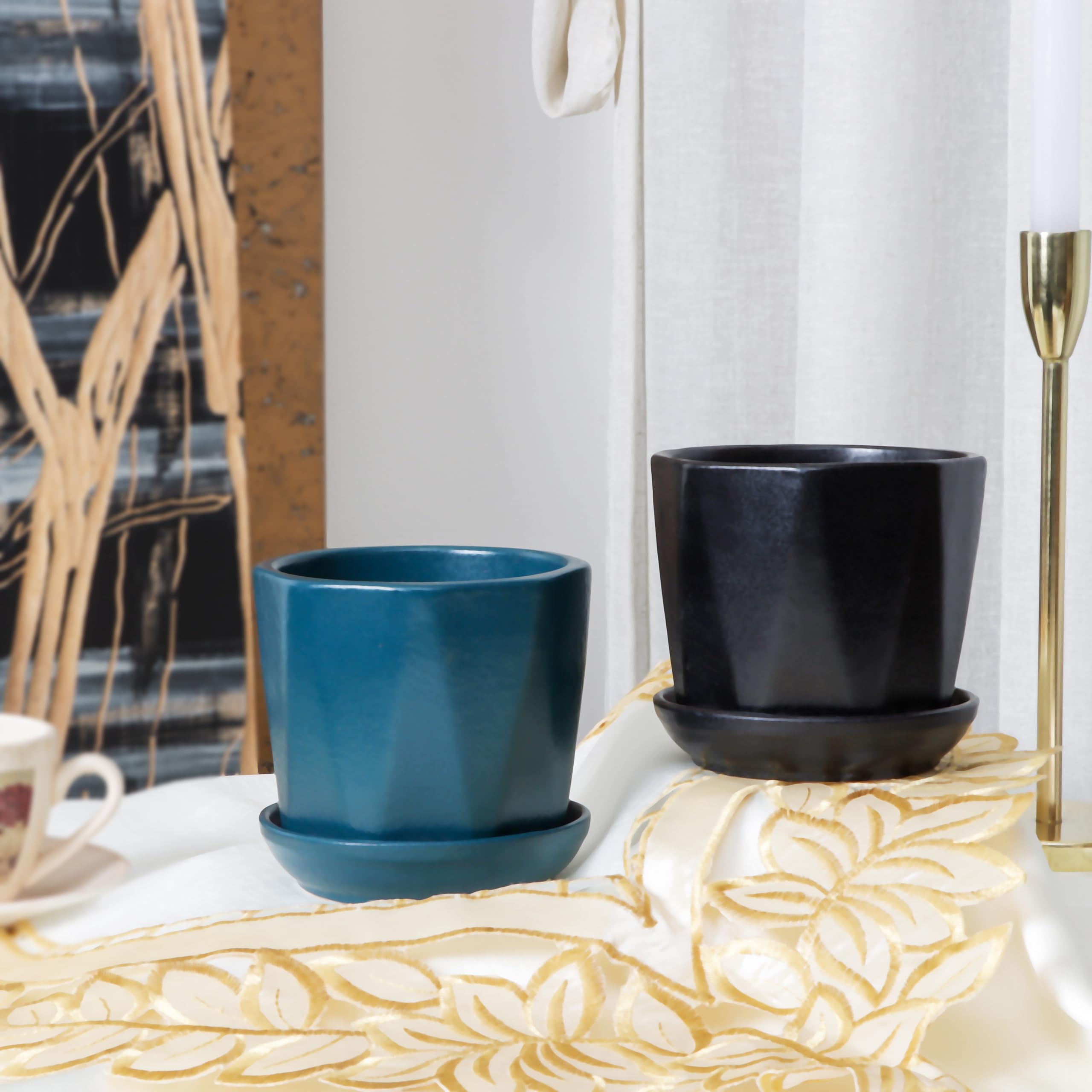 Flora Dlite Black & Blue Cup Saucer Ceramic Flower Pot - Indoor Live Plant Pot for Home Decor | Perfect Pot for Plant Small for Office Desk | Stylish Indoor Plant Pots for Living Room Pack of 2 (B0D8V4V8FD) Amazon Price History, Amazon Price Tracker