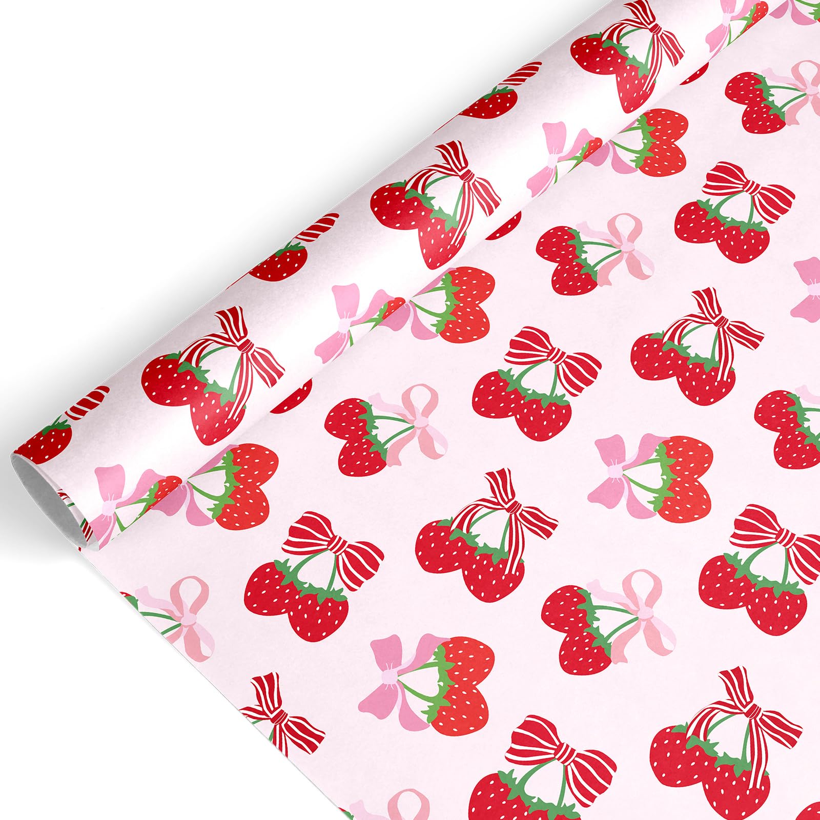 FYSUIMU Bow Strawberry Wrapping Paper - Mini Roll - 17 Inch x 32.8 Ft Pink Gift Wrap Paper Decorative Art Paper for Summer Coquette Birthday Party DIY